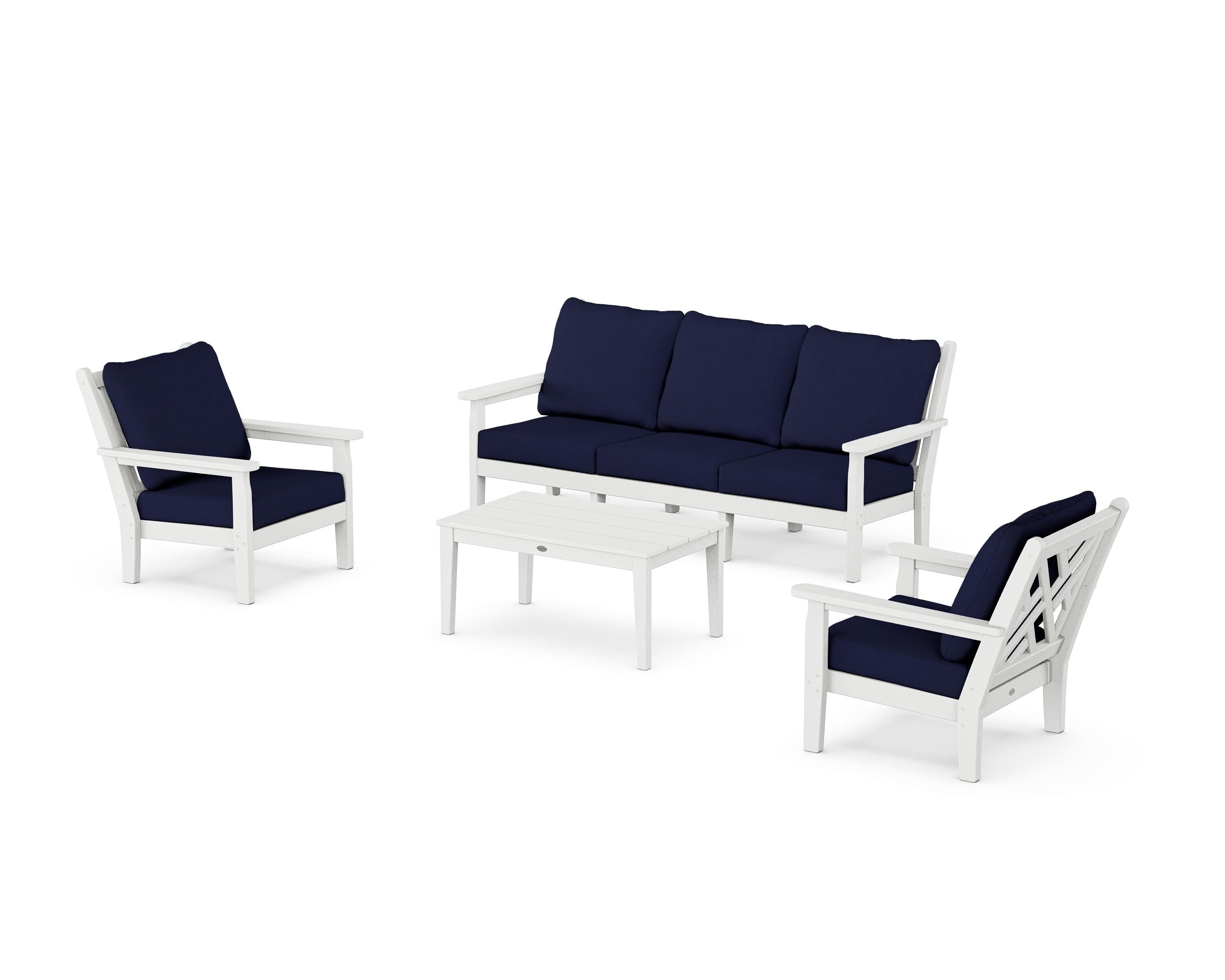 POLYWOOD Chippendale 4-Piece Deep Seating Set with Sofa in White / Navy