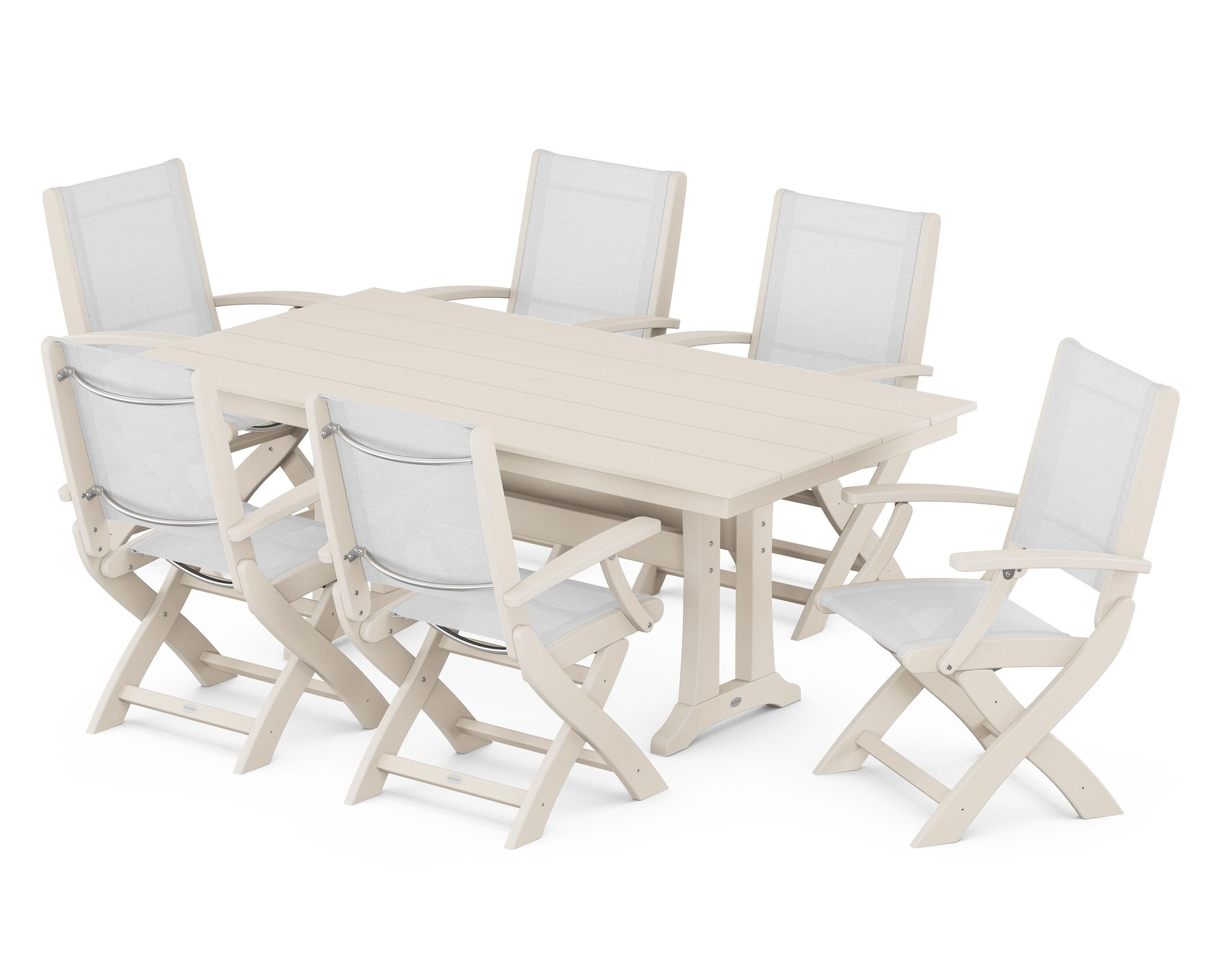 POLYWOOD Coastal Folding Arm Chair 7-Piece Farmhouse Dining Set with Trestle Legs in Sand / White Sling