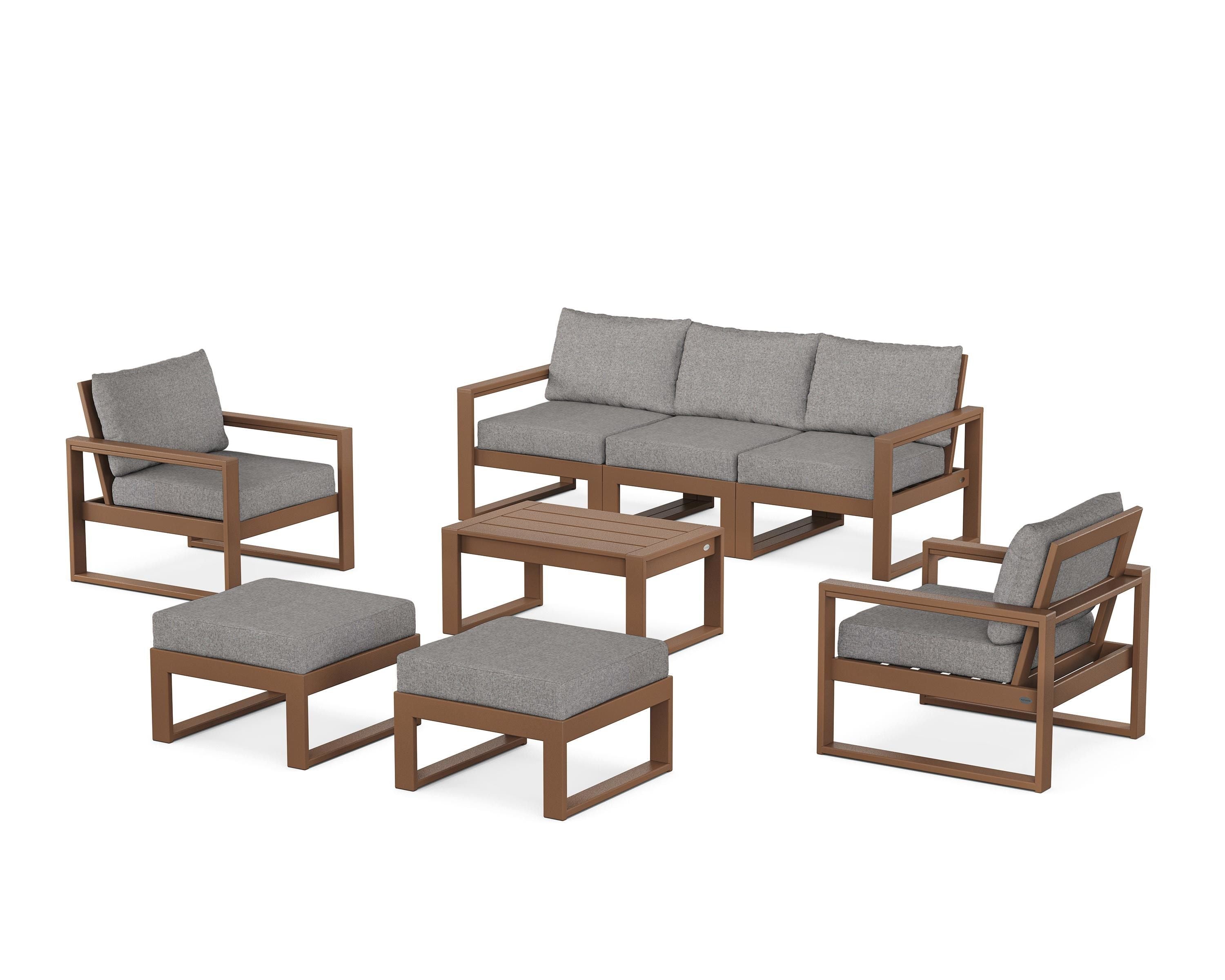 POLYWOOD EDGE Sectional 8-Piece Lounge Sofa Set in Teak / Grey Mist