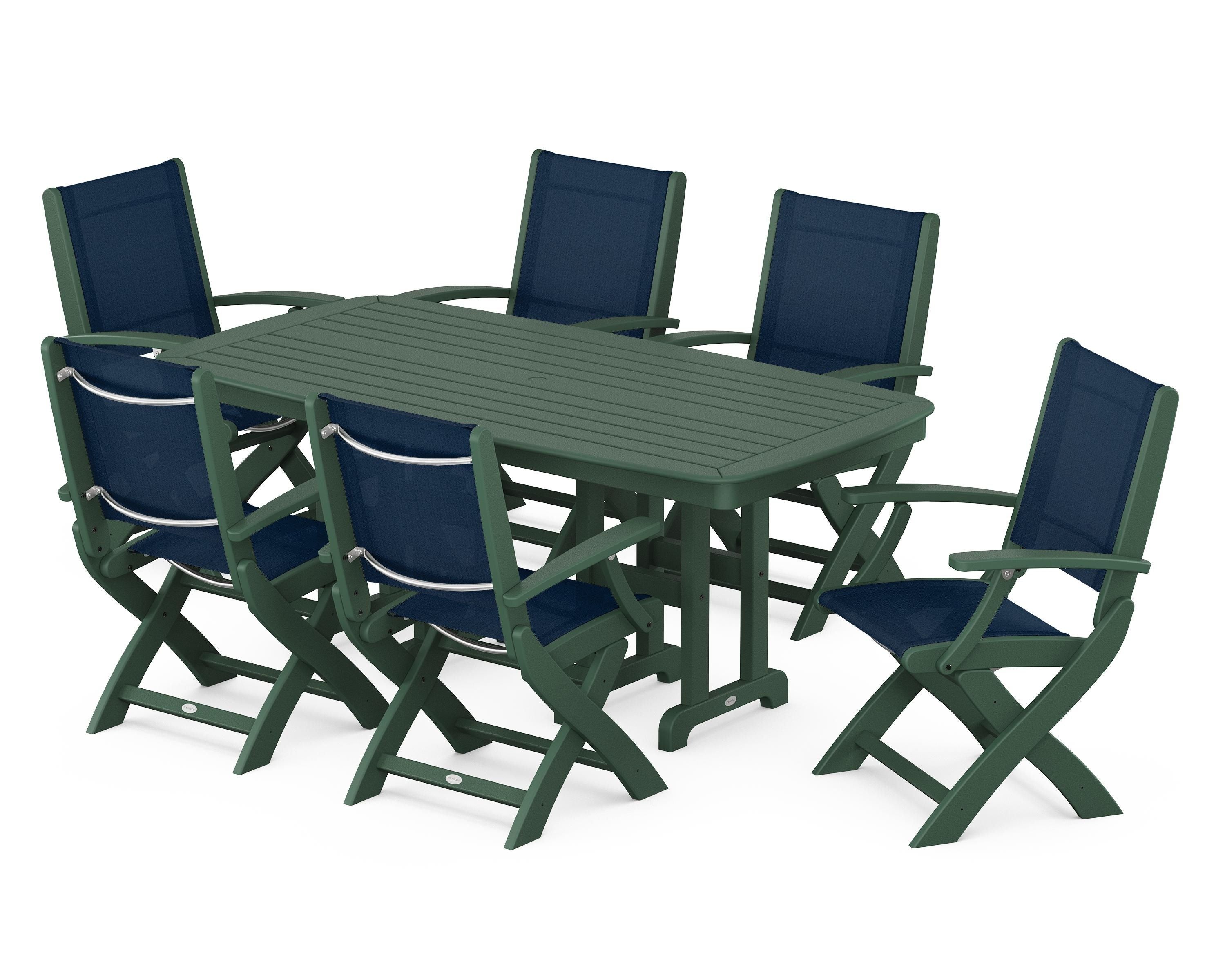 POLYWOOD Coastal Folding Arm Chair 7-Piece Dining Set in Green / Navy Blue Sling