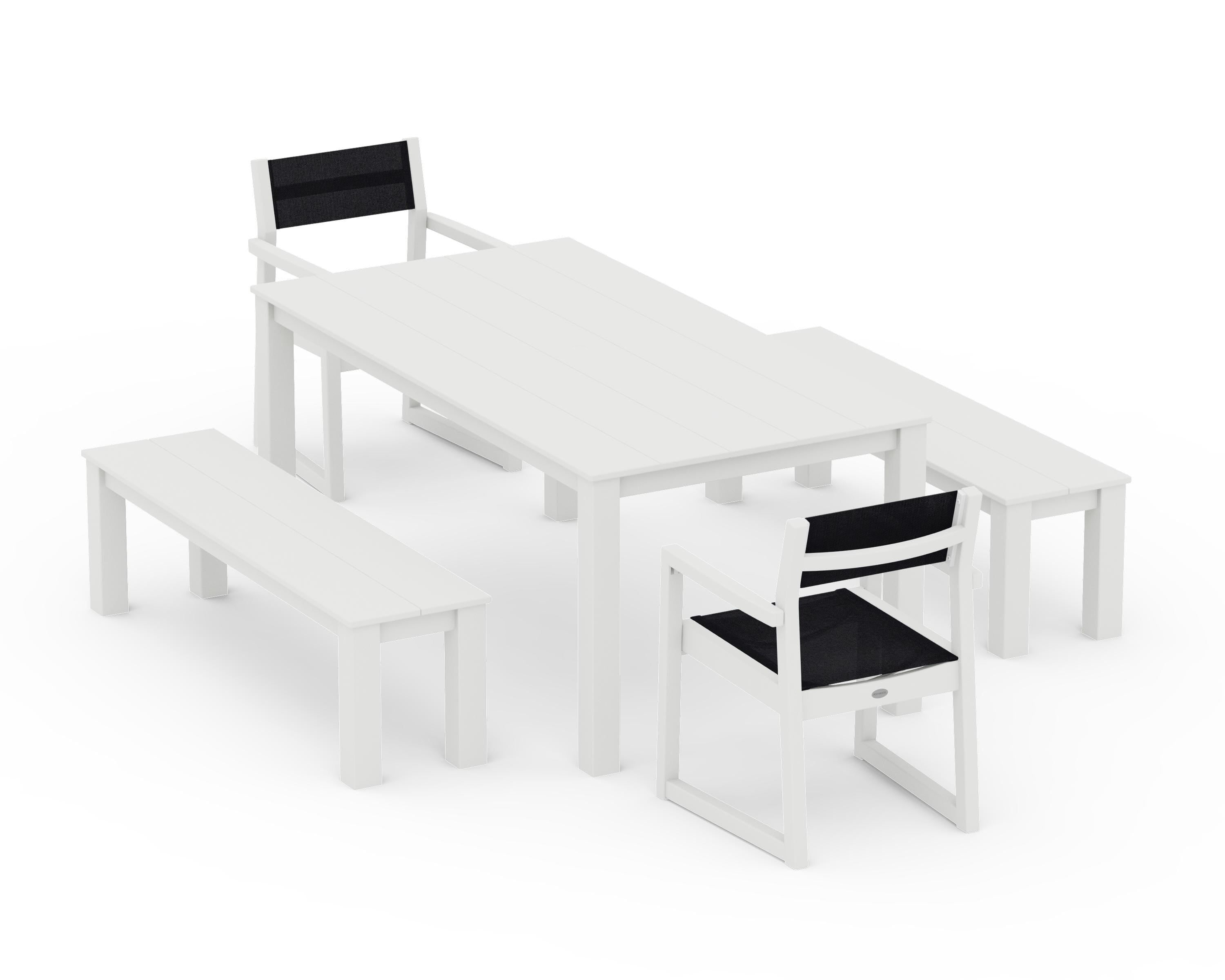 POLYWOOD EDGE Sling Arm Chair 5-Piece Parsons Dining Set with Benches in Vintage White / Black Sling