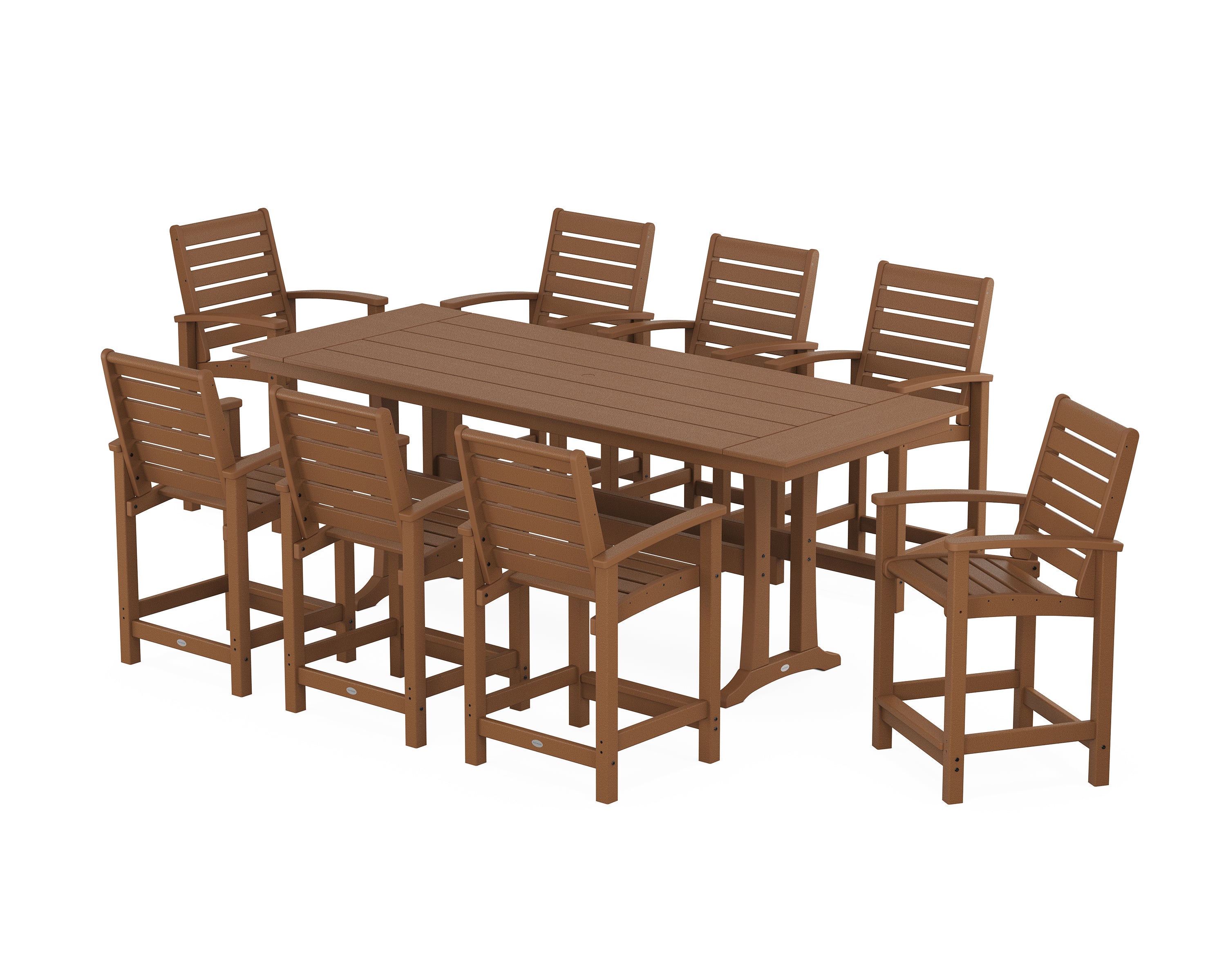 POLYWOOD® Signature 9-Piece Farmhouse Counter Set with Trestle Legs in Teak