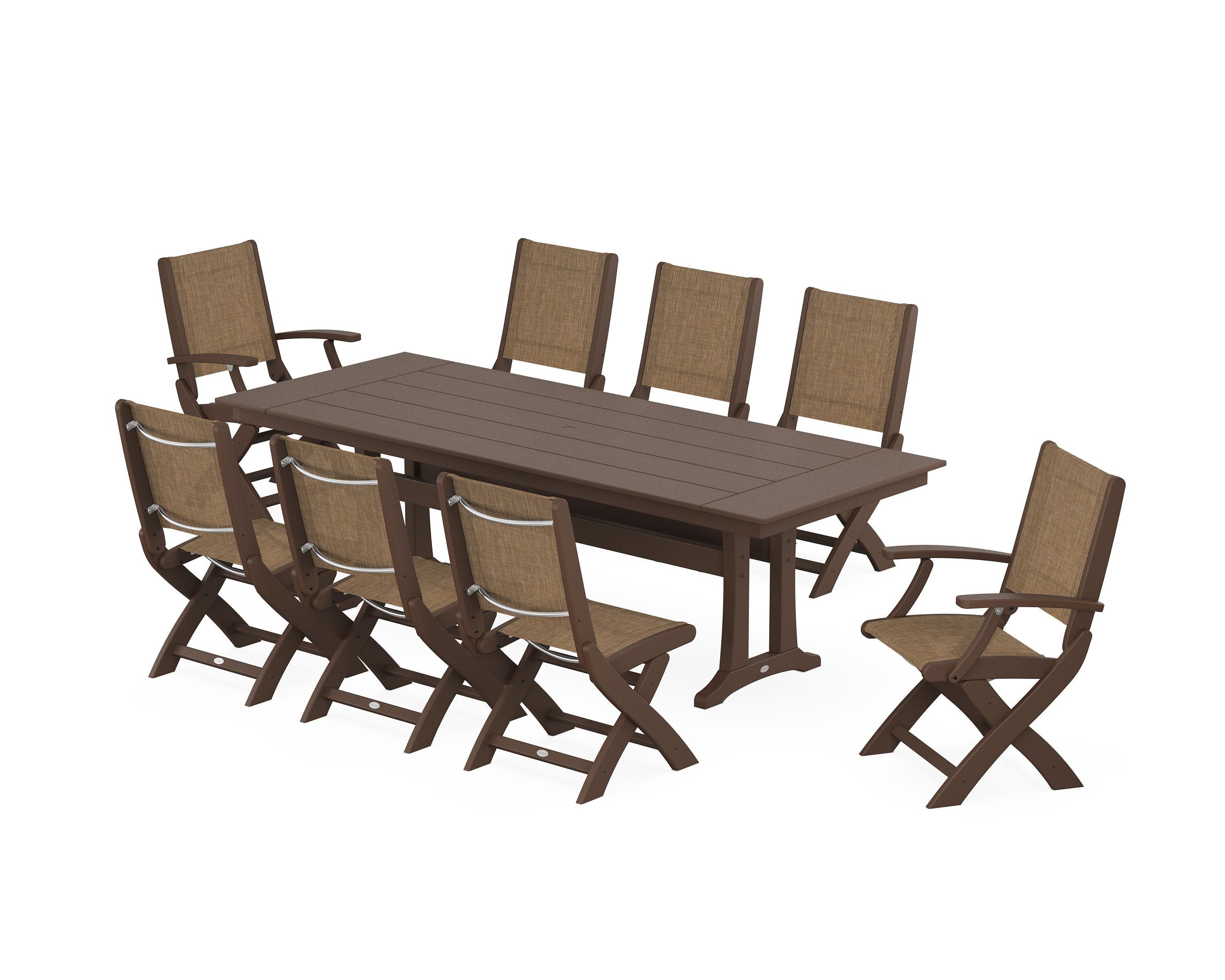 POLYWOOD Coastal 9-Piece Folding Dining Chair Farmhouse Dining Set with Trestle Legs in Mahogany / Burlap Sling