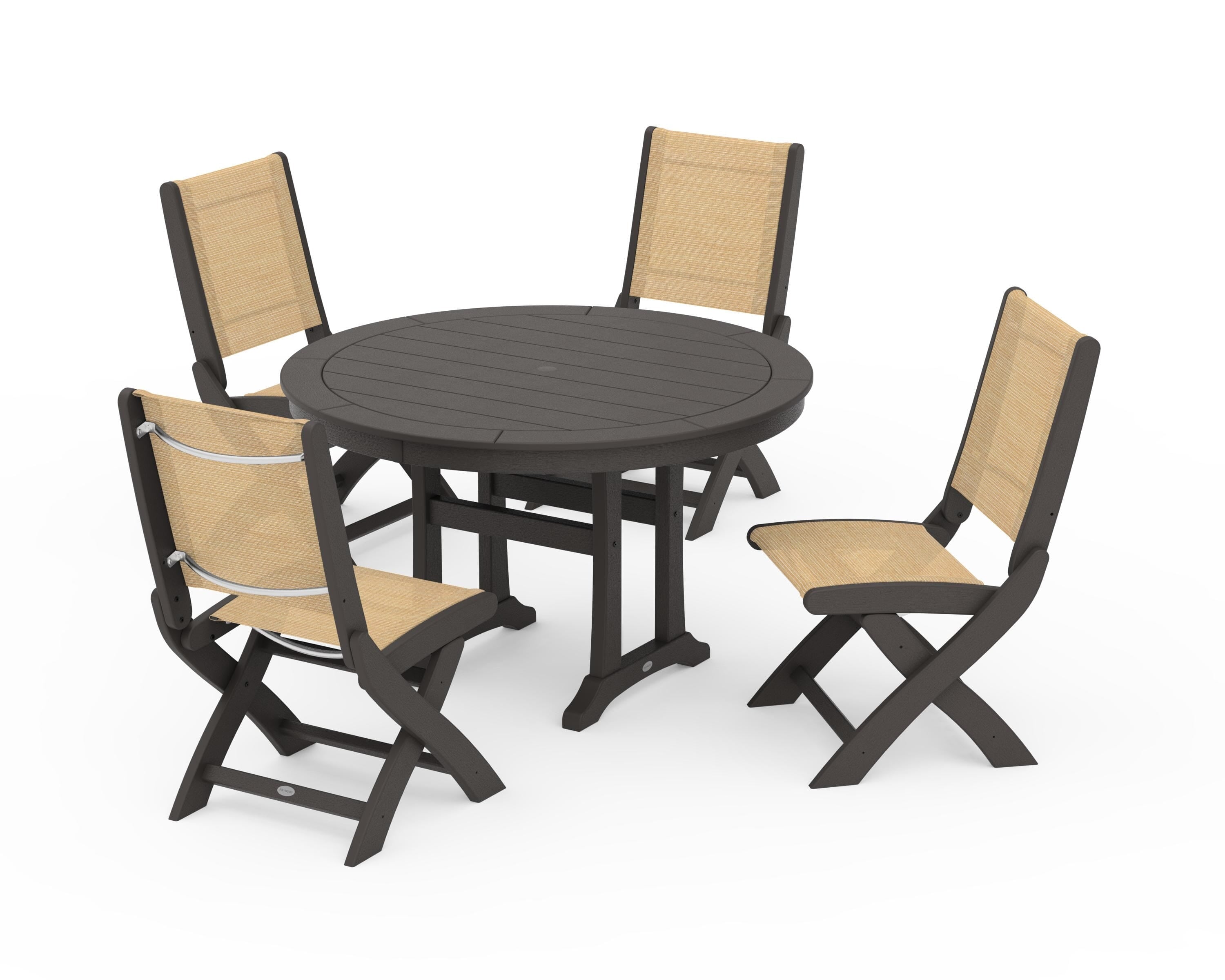 POLYWOOD Coastal Folding Side Chair 5-Piece Round Dining Set With Trestle Legs in Vintage Coffee / Dupioni Apricot Sling