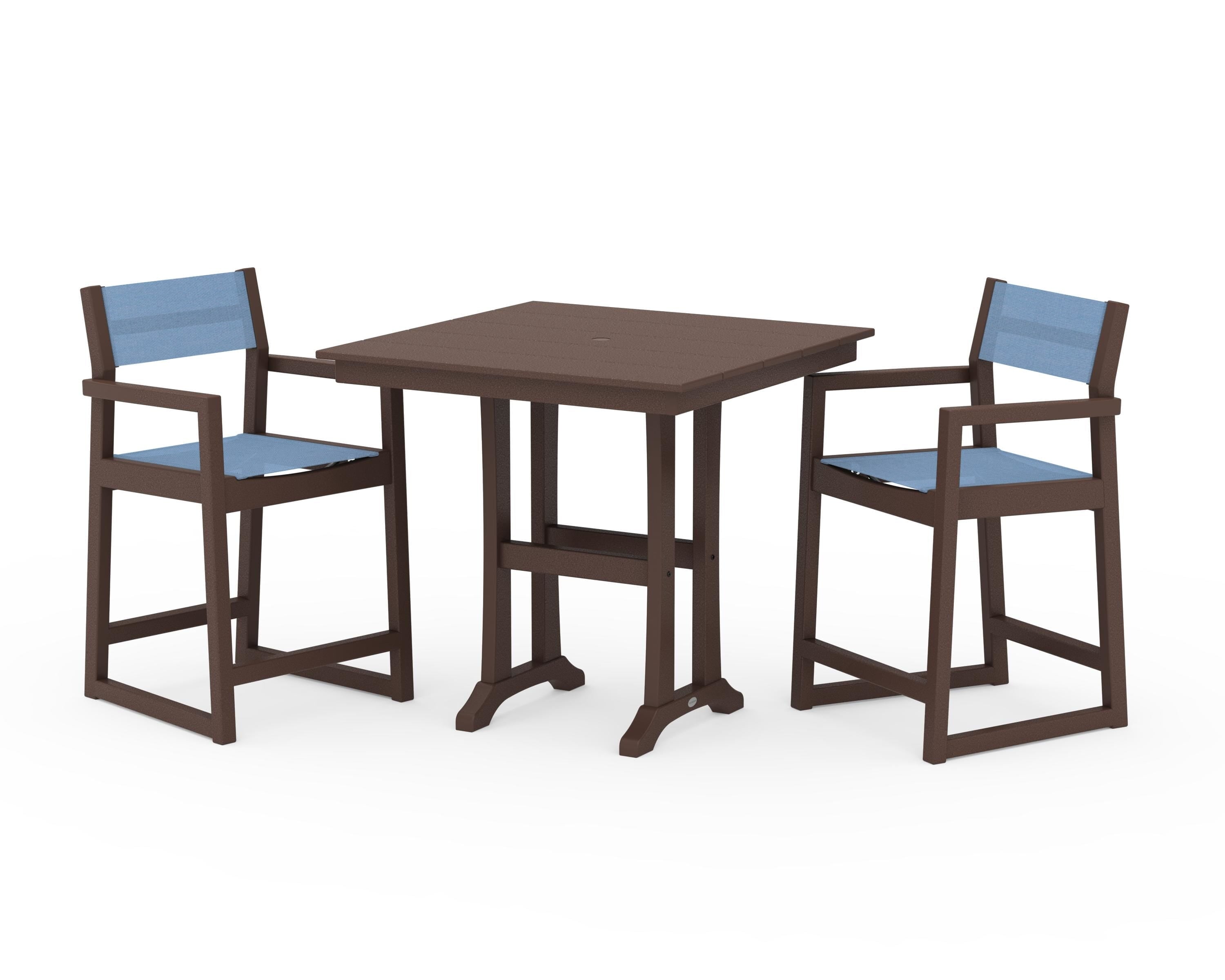 POLYWOOD EDGE Sling Arm Chair 3-Piece Farmhouse Counter Set with Trestle Legs in Mahogany / Poolside Sling