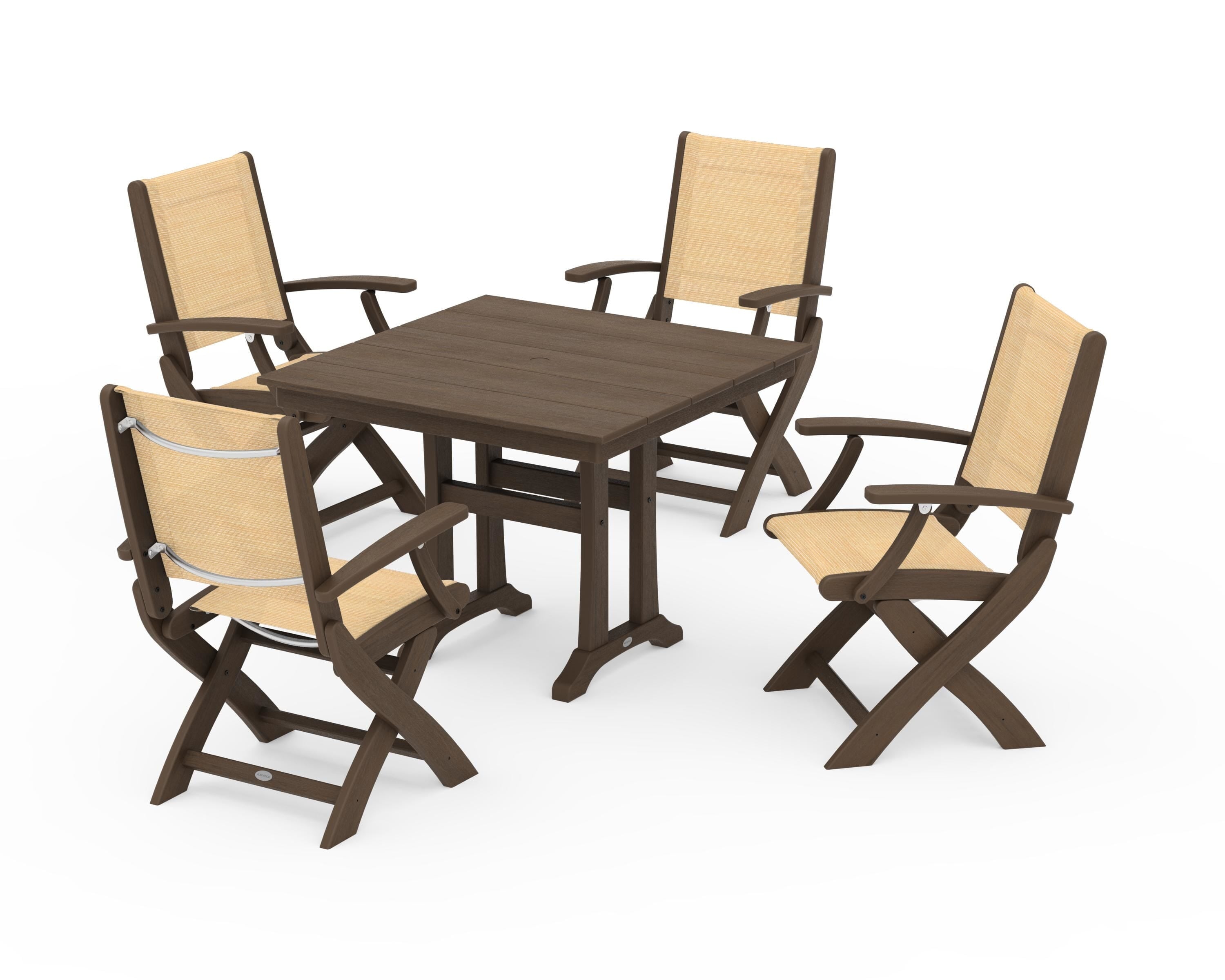 POLYWOOD Coastal Folding Chair 5-Piece Farmhouse Dining Set With Trestle Legs in Kona / Dupioni Apricot Sling