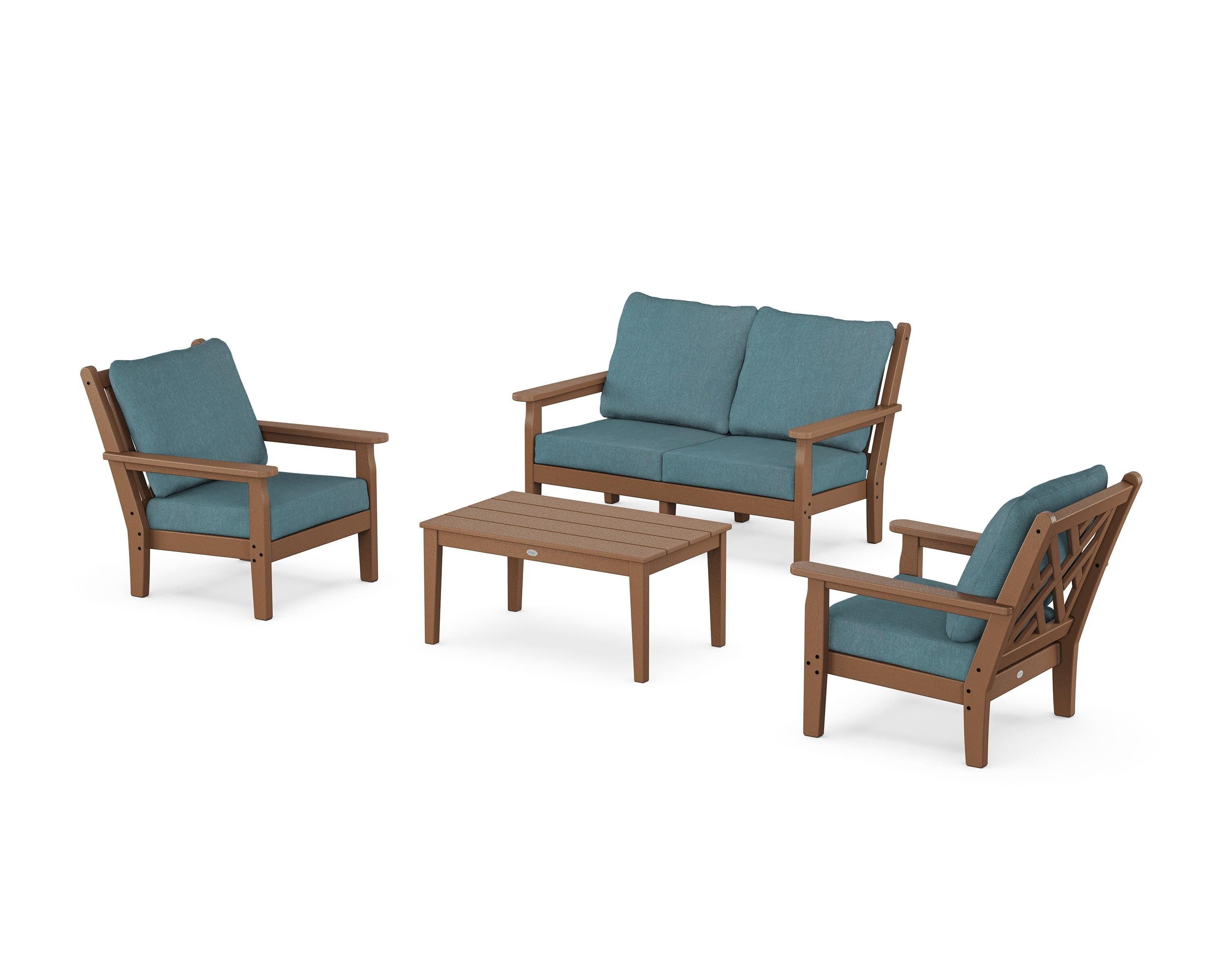 POLYWOOD Chippendale 4-Piece Deep Seating Set with Loveseat in Teak / Ocean Teal