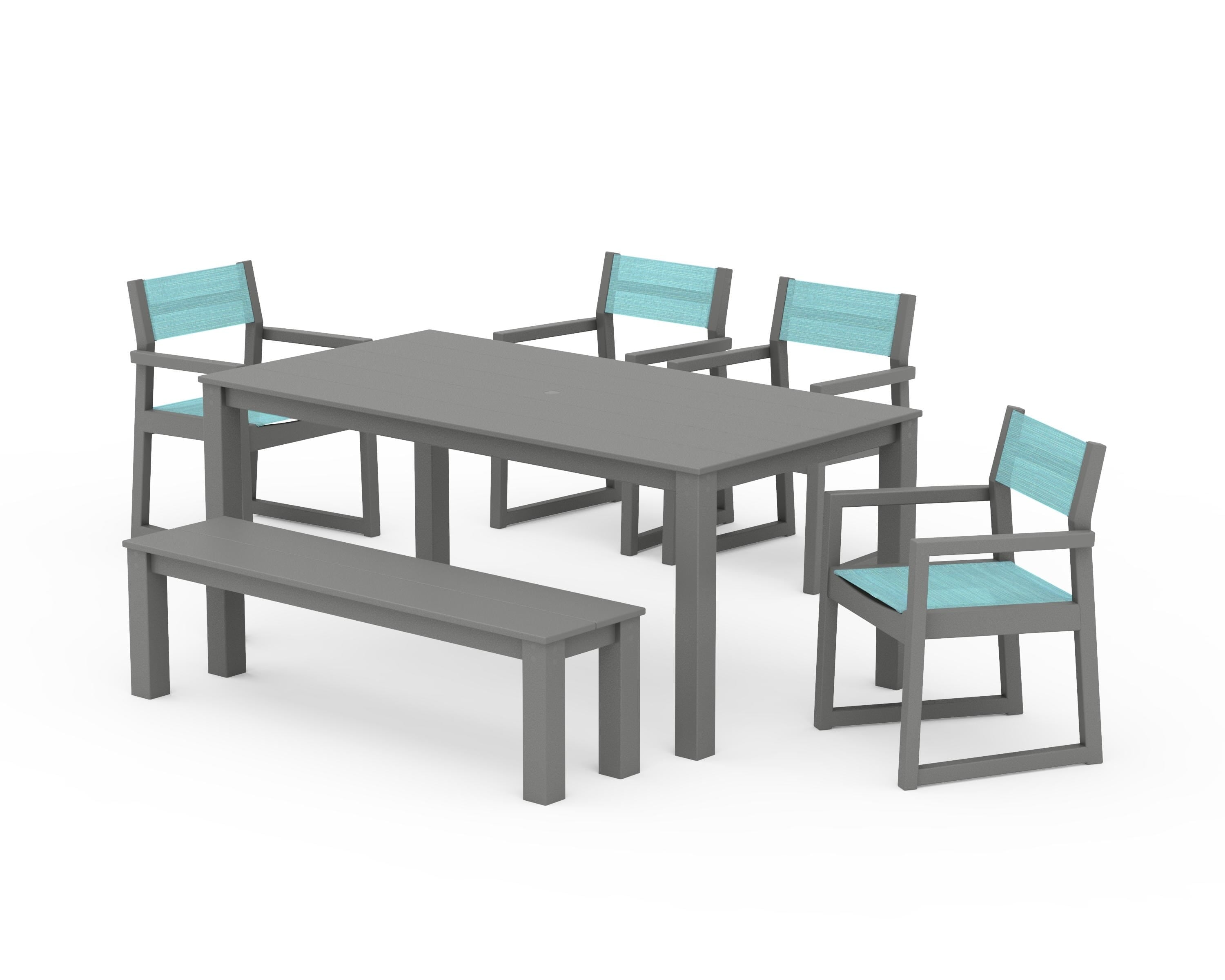 POLYWOOD EDGE Sling Arm Chair 6-Piece Parsons Dining Set with Bench in Slate Grey / Dupioni Aquamarine Sling