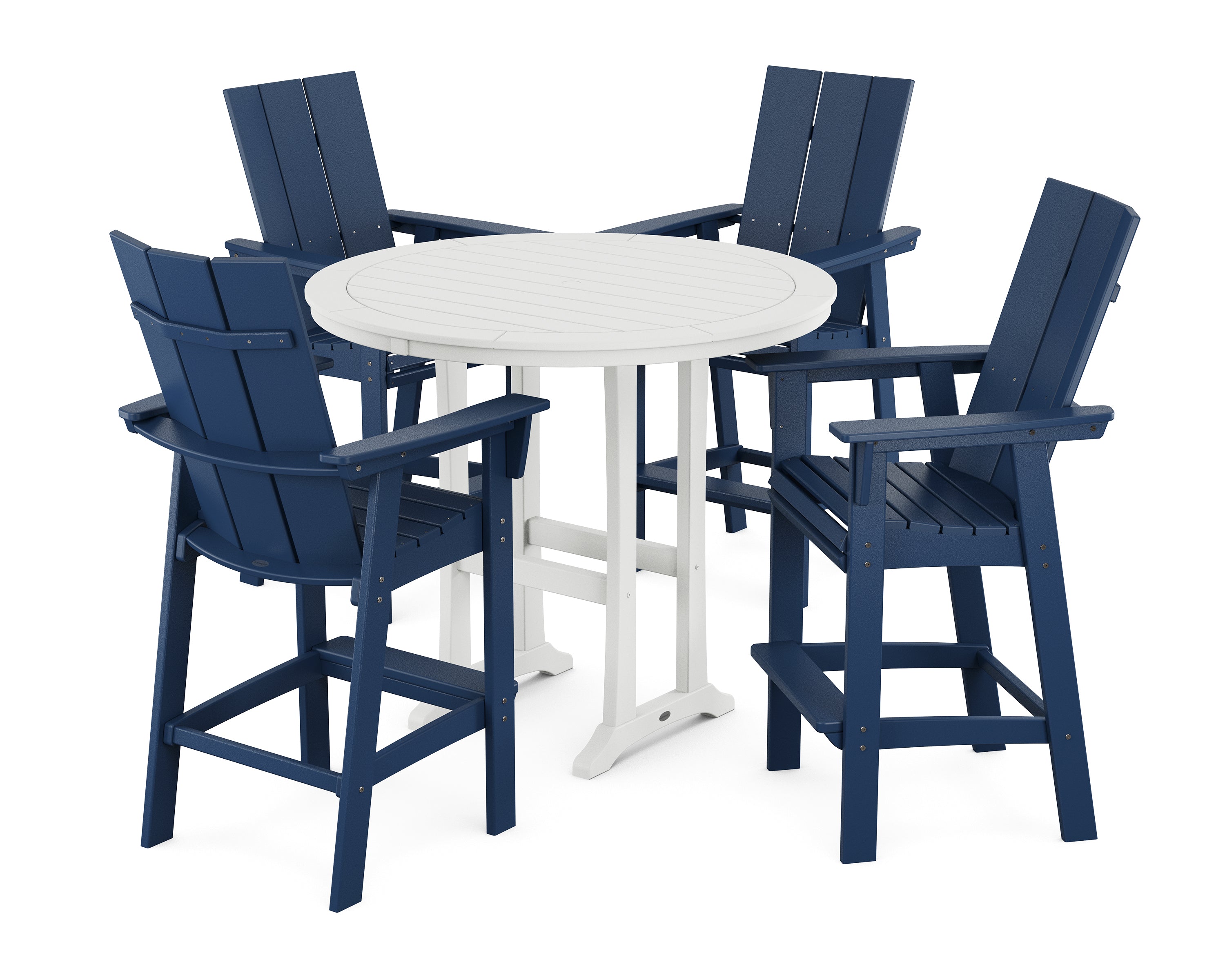 POLYWOOD® Modern Curveback Adirondack 5-Piece Nautical Trestle Bar Set in Navy / White