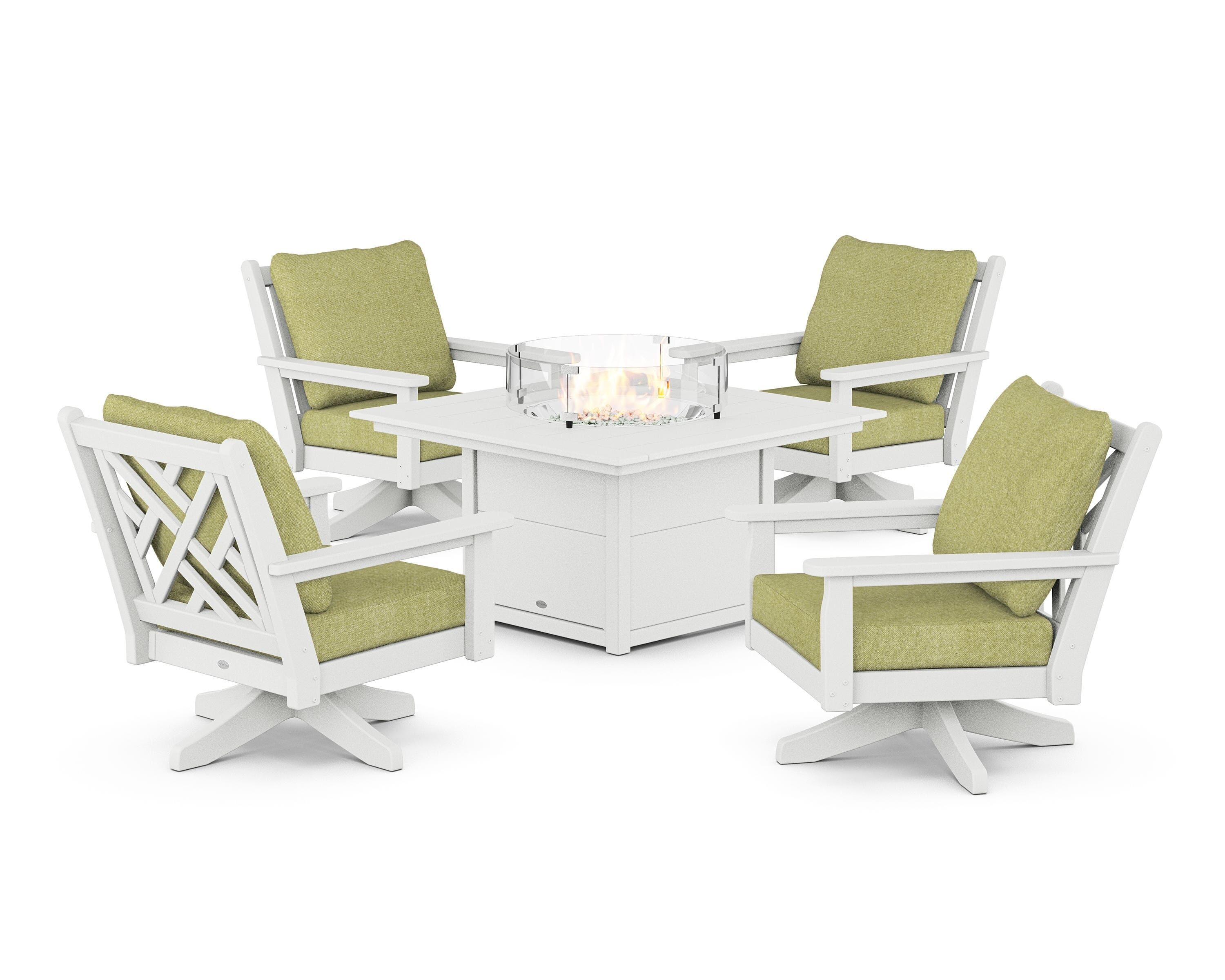 POLYWOOD Chippendale 5-Piece Deep Seating Swivel Conversation Set with Fire Pit Table in White / Chartreuse Boucle
