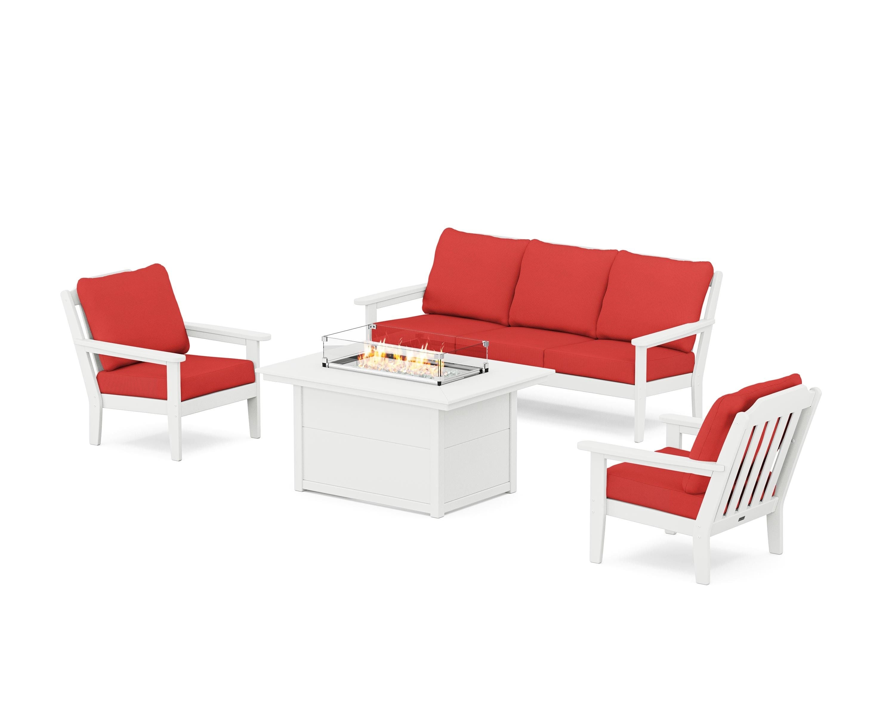 Country Living Cottage Deep Seating Fire Pit Table Set in White / Crimson Linen
