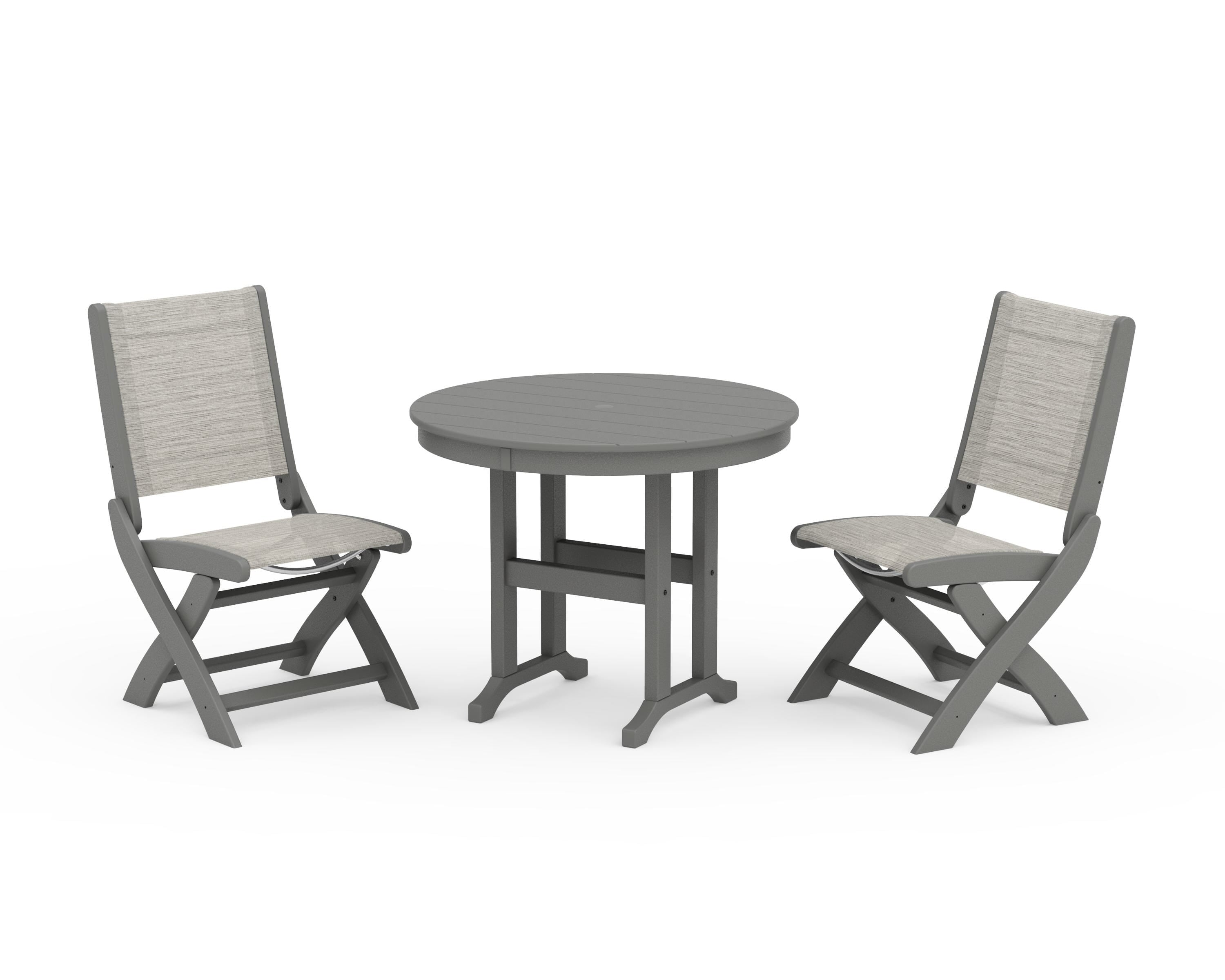 POLYWOOD Coastal Folding Side Chair 3-Piece Round Dining Set in Slate Grey / Birch Sling