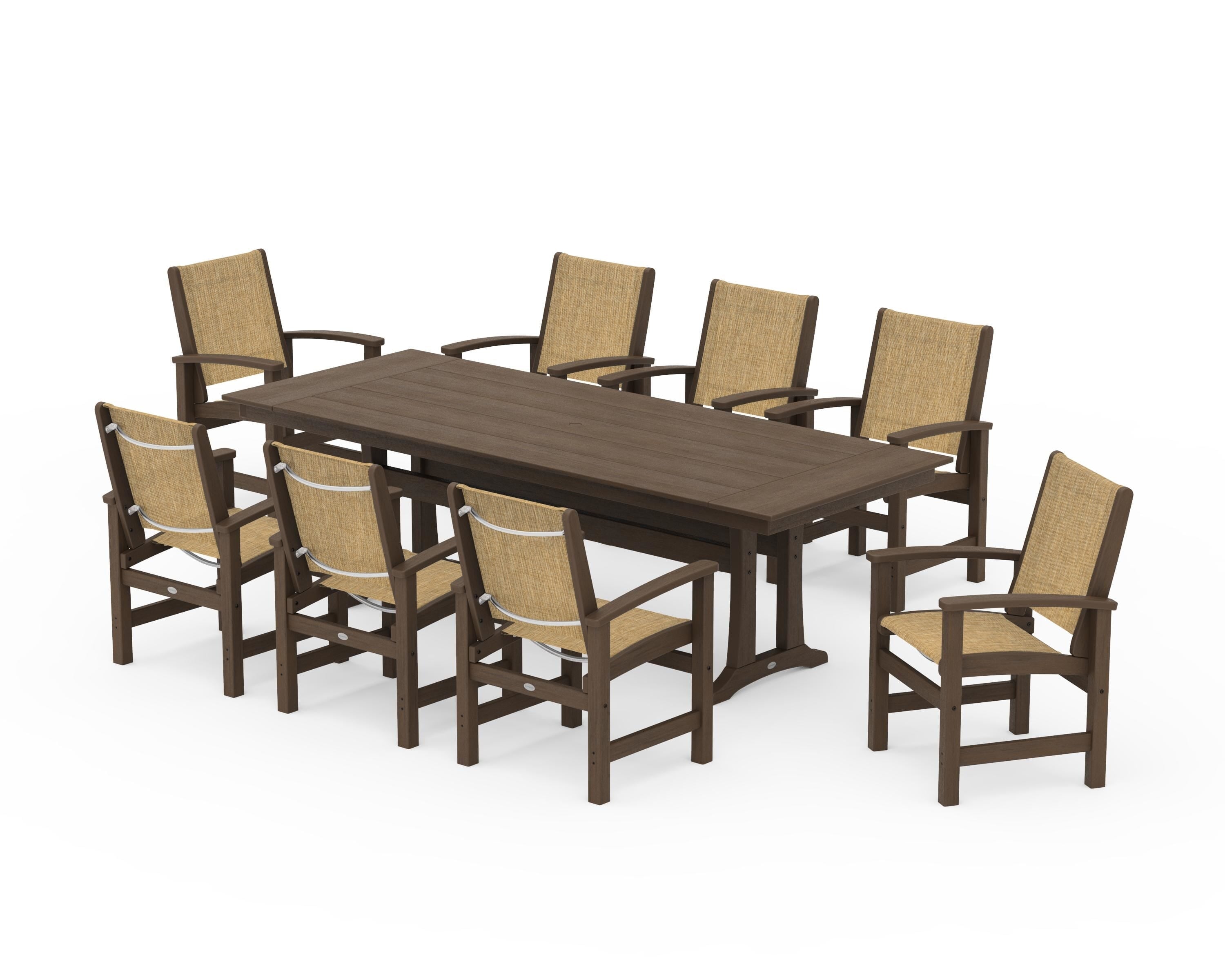 POLYWOOD Coastal 9-Piece Farmhouse Dining Set with Trestle Legs in Kona / Burlap Sling