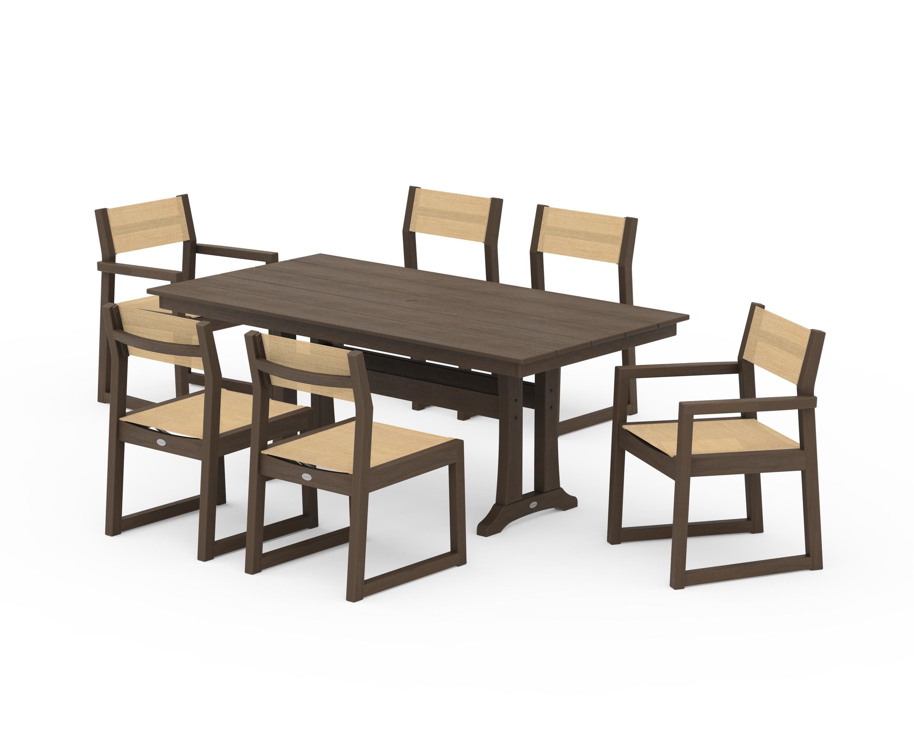 POLYWOOD EDGE Sling 7-Piece Farmhouse Trestle Dining Set in Kona / Dupioni Apricot Sling