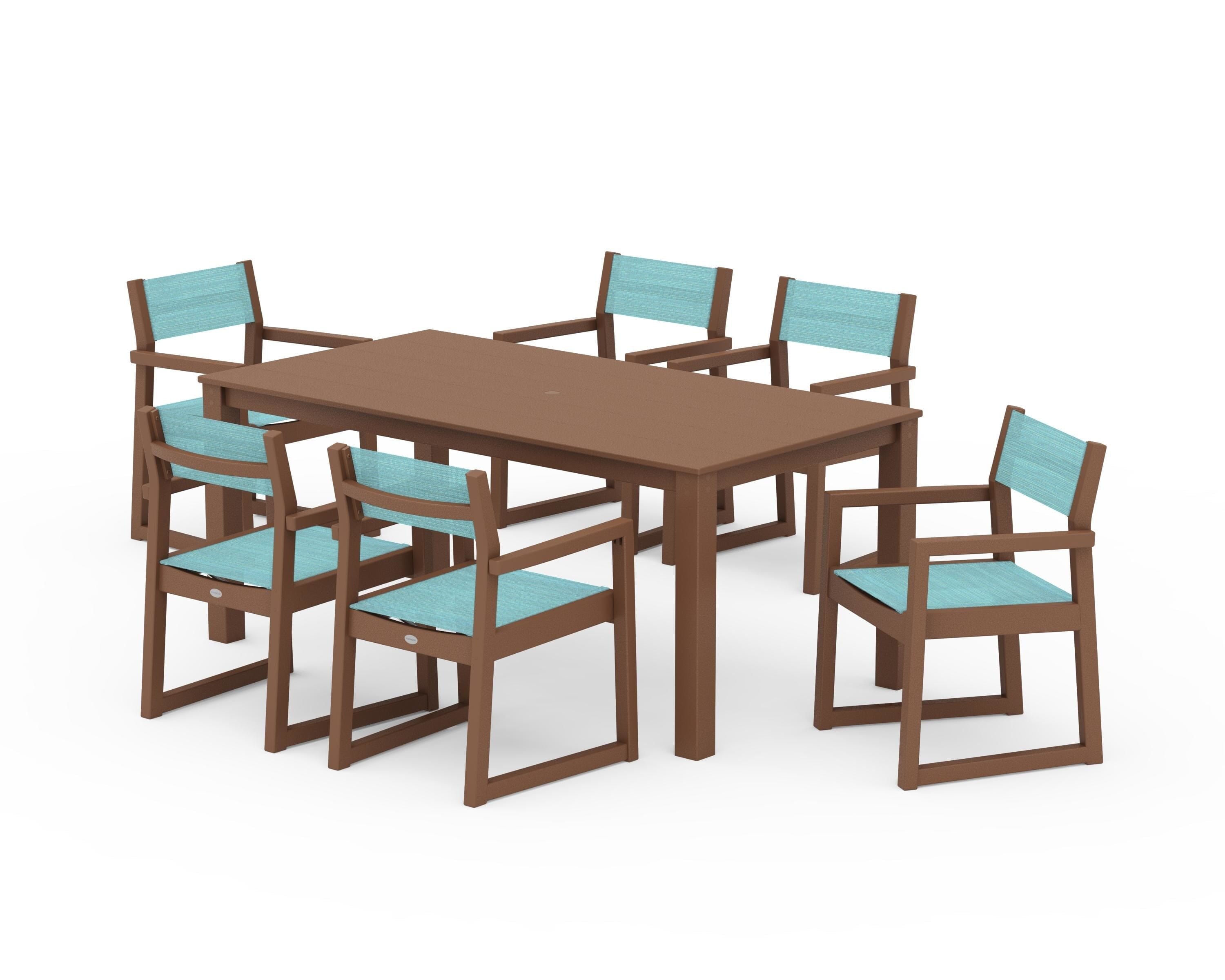 POLYWOOD EDGE Sling Arm Chair 7-Piece Parsons Dining Set in Teak / Dupioni Aquamarine Sling