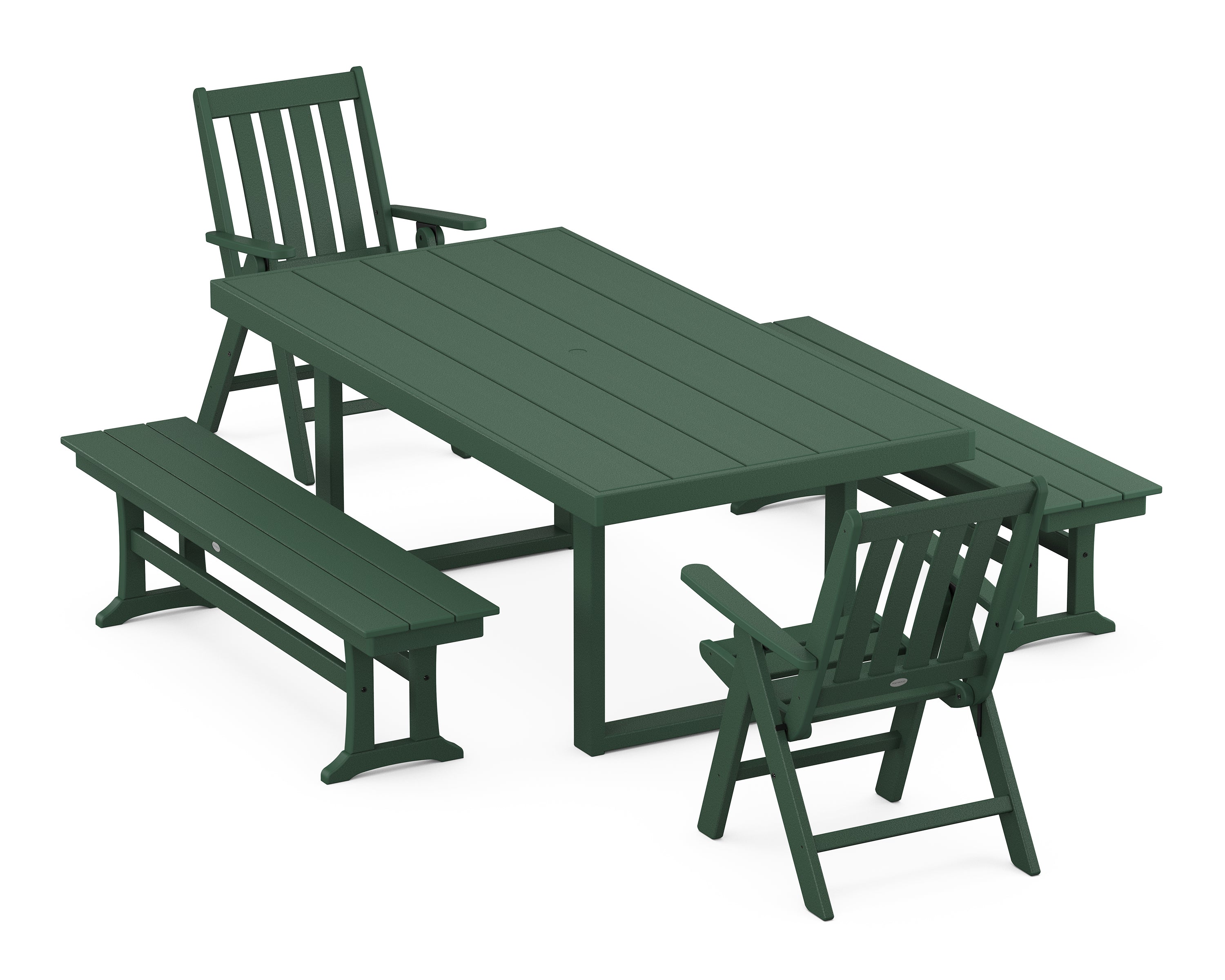 POLYWOOD® Vineyard Folding Chair 5-Piece Dining Set with Benches in Green