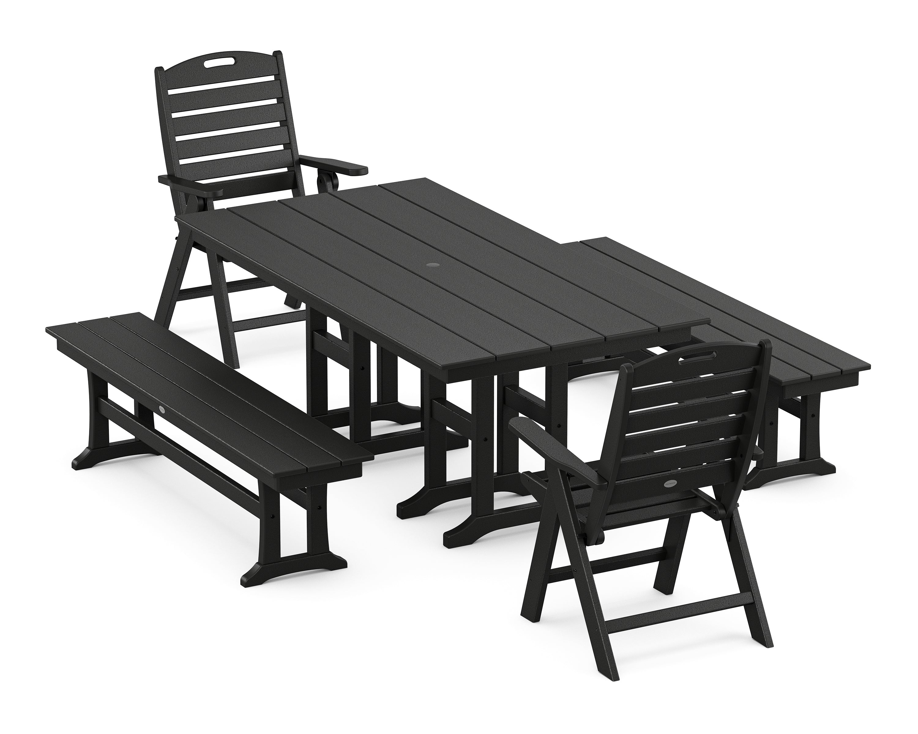POLYWOOD Nautical Highback 5-Piece Farmhouse Dining Set with Benches in Black