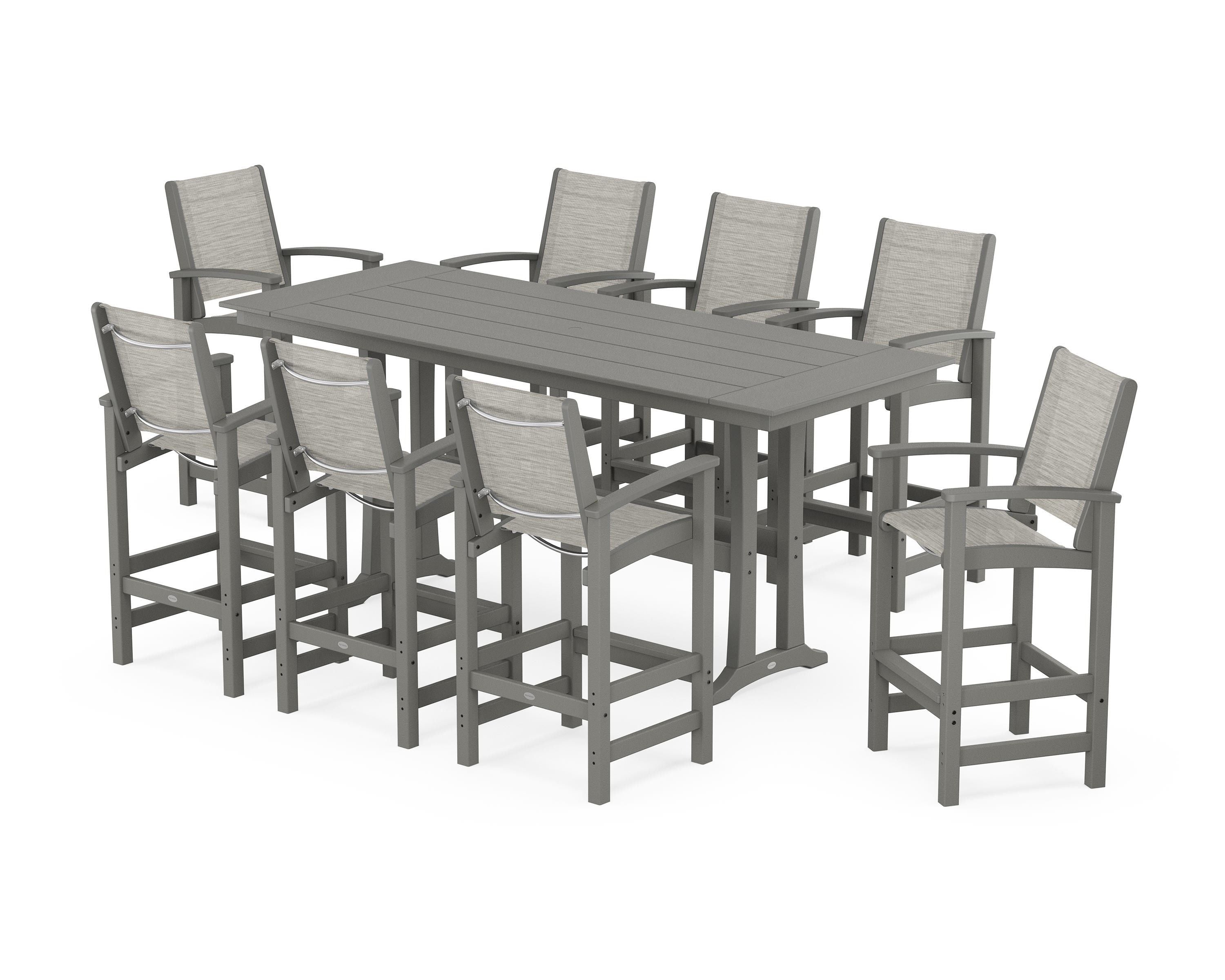 POLYWOOD Coastal 9-Piece Farmhouse Bar Set with Trestle Legs in Slate Grey / Birch Sling