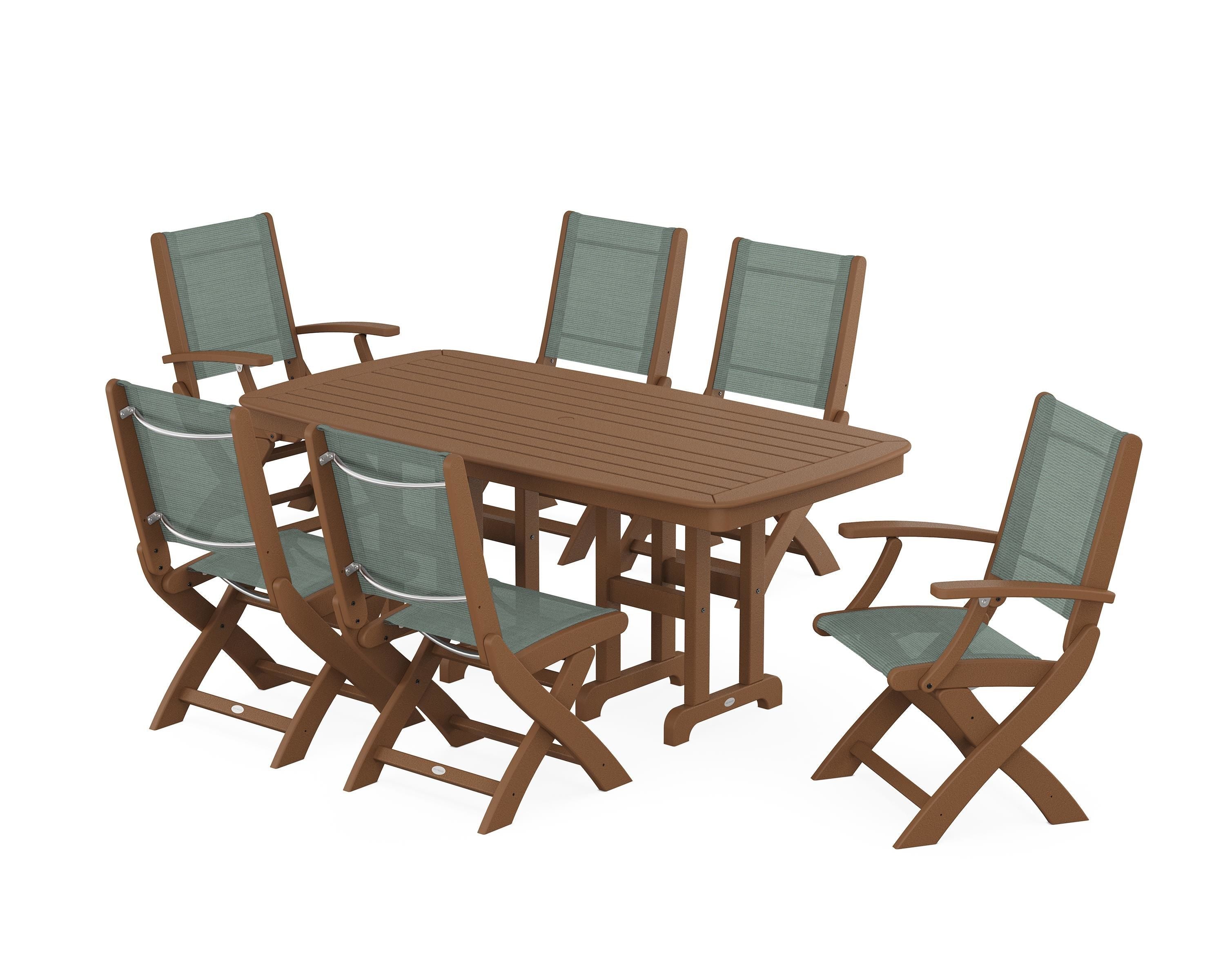 POLYWOOD Coastal Folding Chair 7-Piece Dining Set in Teak / Dupioni Sea Mist Sling