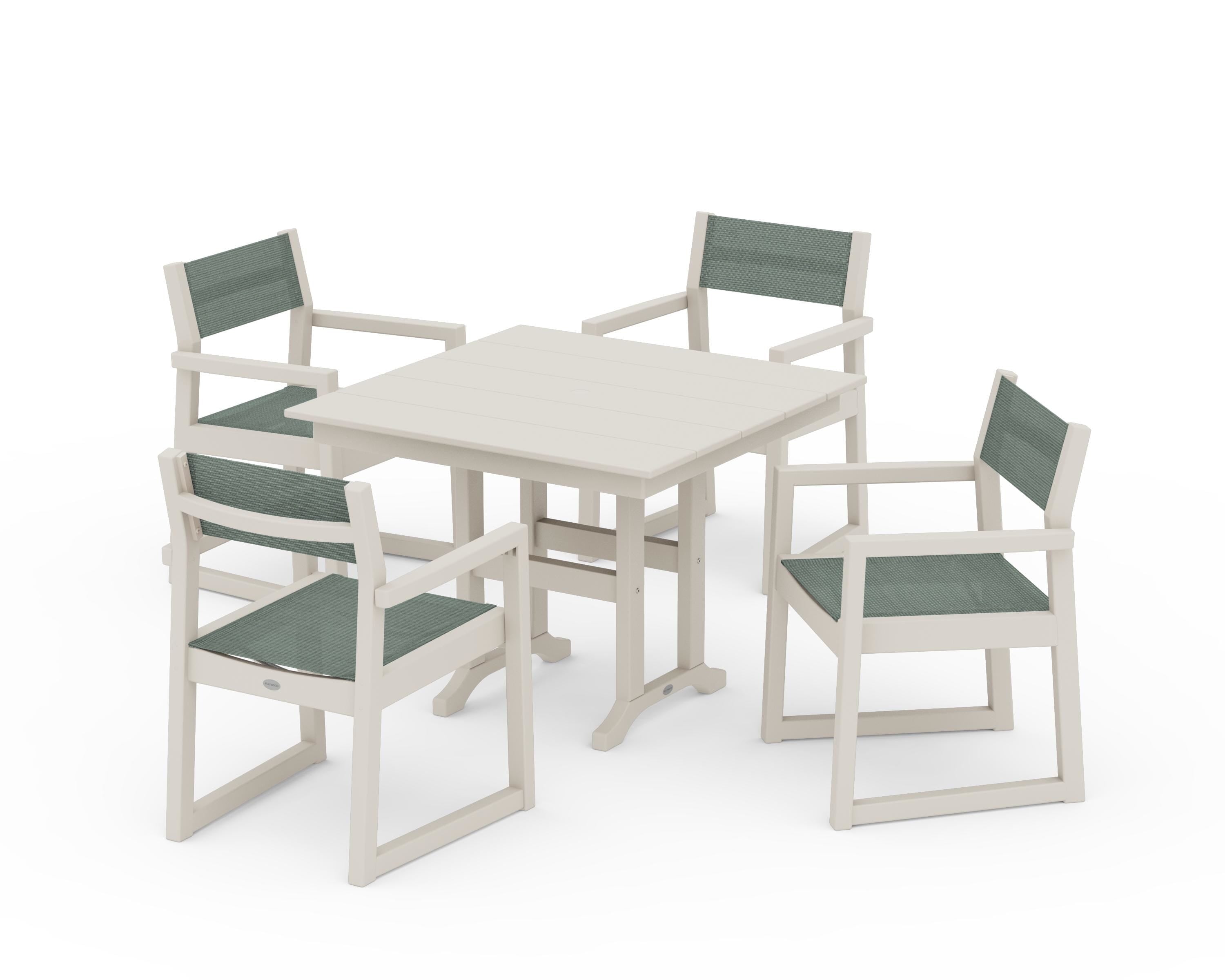 POLYWOOD EDGE Sling Arm Chair 5-Piece Farmhouse Dining Set in Sand / Dupioni Sea Mist Sling