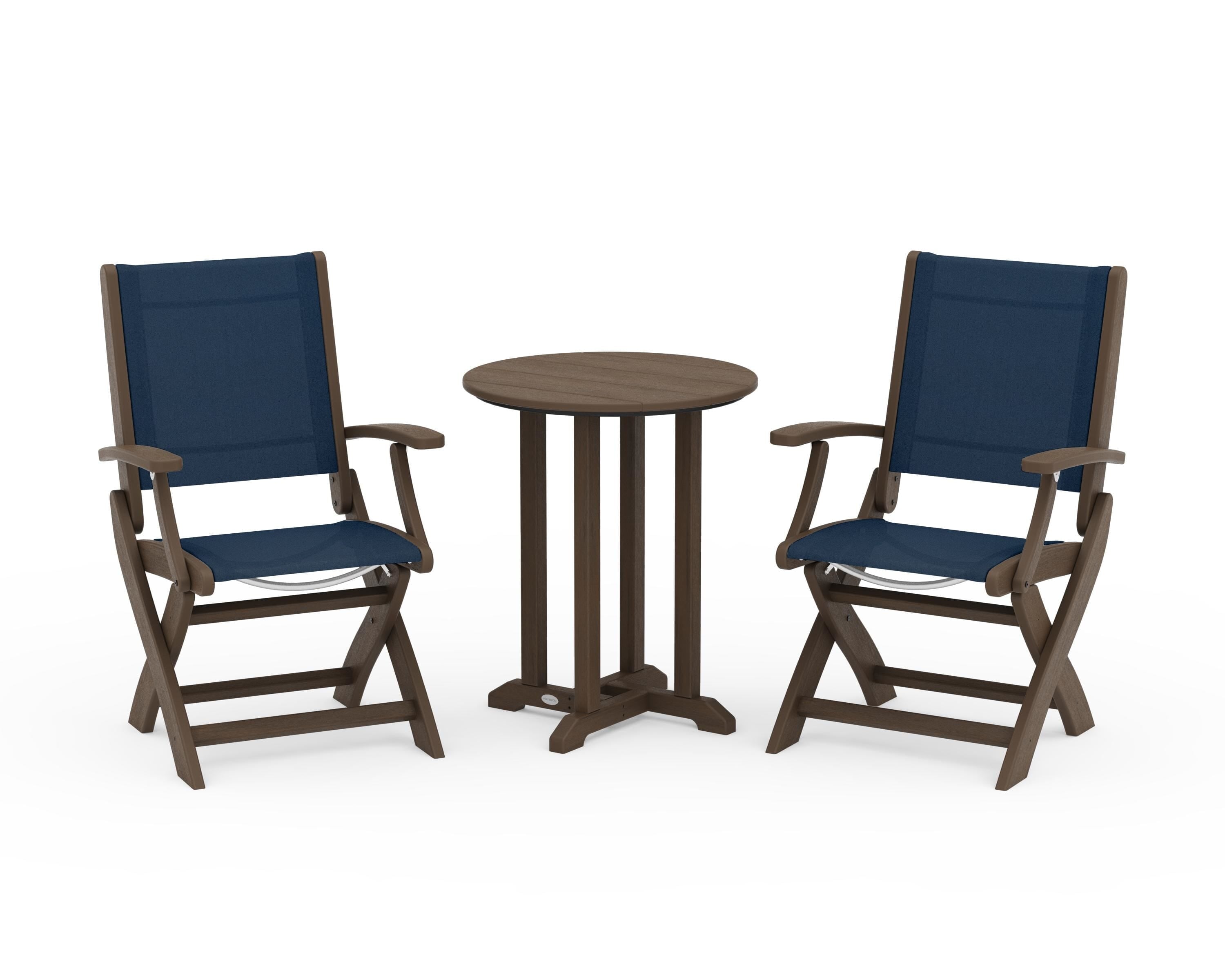 POLYWOOD Coastal Folding 3-Piece Round Bistro Dining Set in Kona / Navy Blue Sling