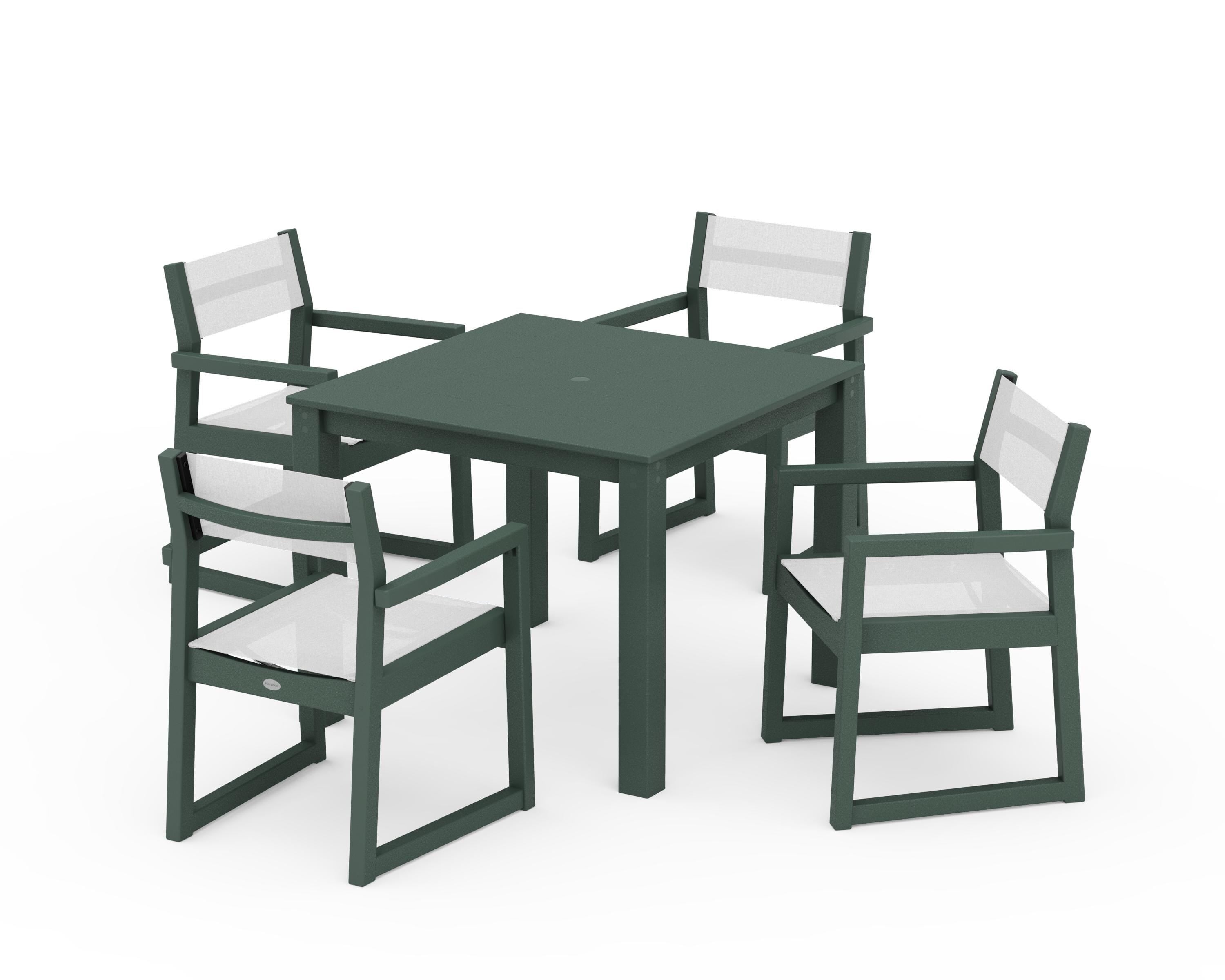 POLYWOOD EDGE Sling Arm Chair 5-Piece Parsons Dining Set in Green / White Sling