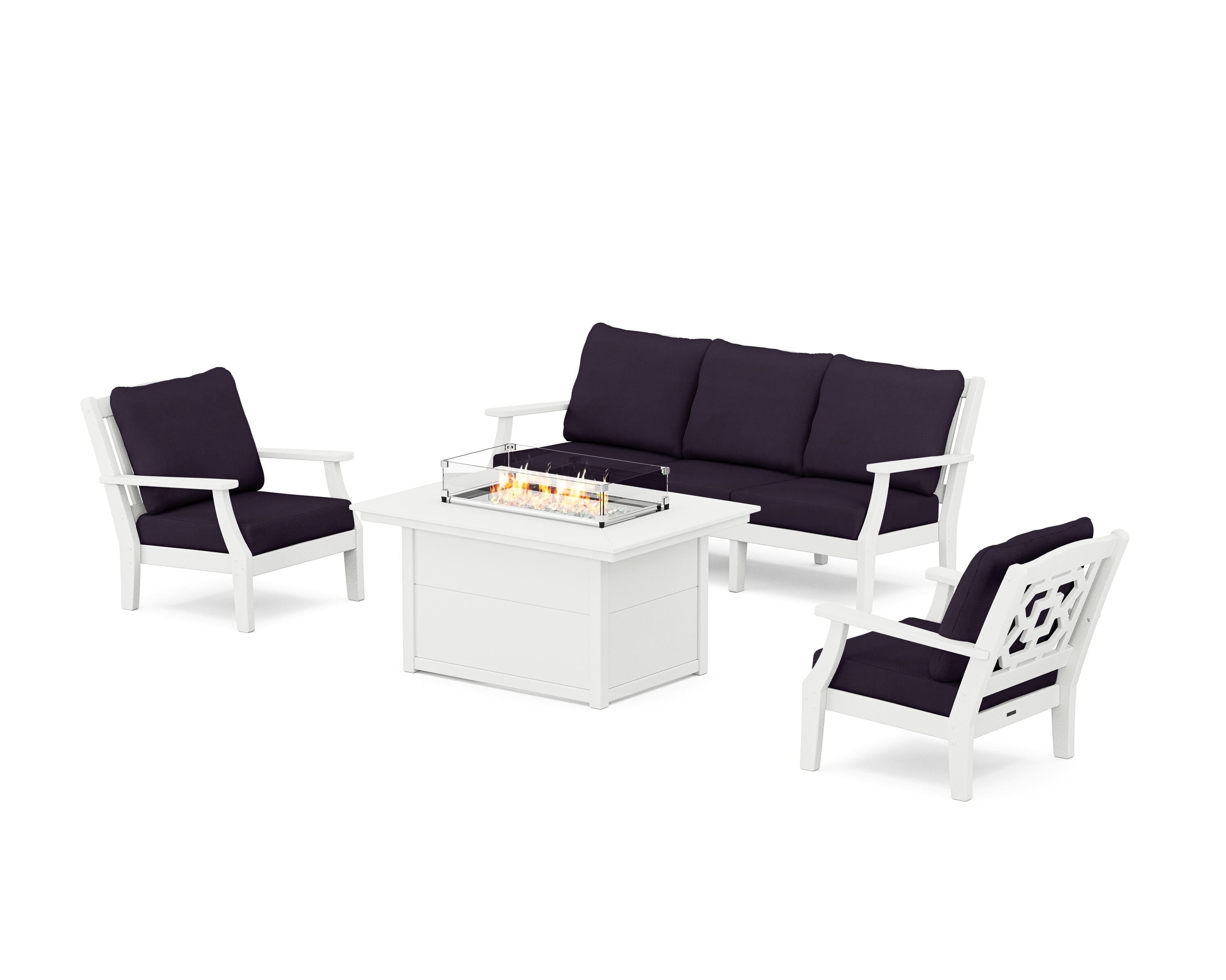 Martha Stewart by POLYWOOD Chinoiserie Deep Seating Fire Pit Table Set in White / Navy Linen