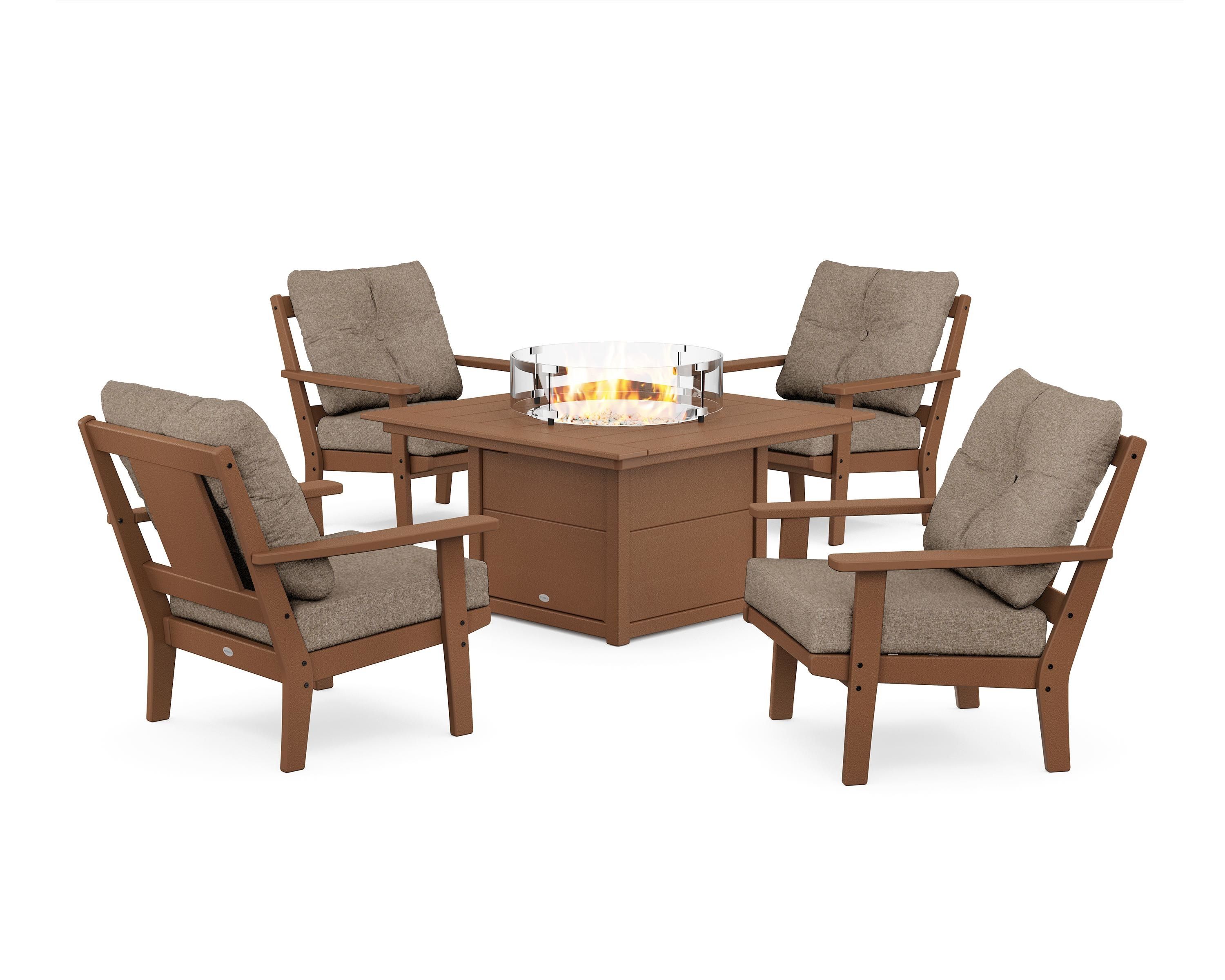 POLYWOOD Prairie 5-Piece Deep Seating Set with Fire Pit Table in Teak / Spiced Burlap