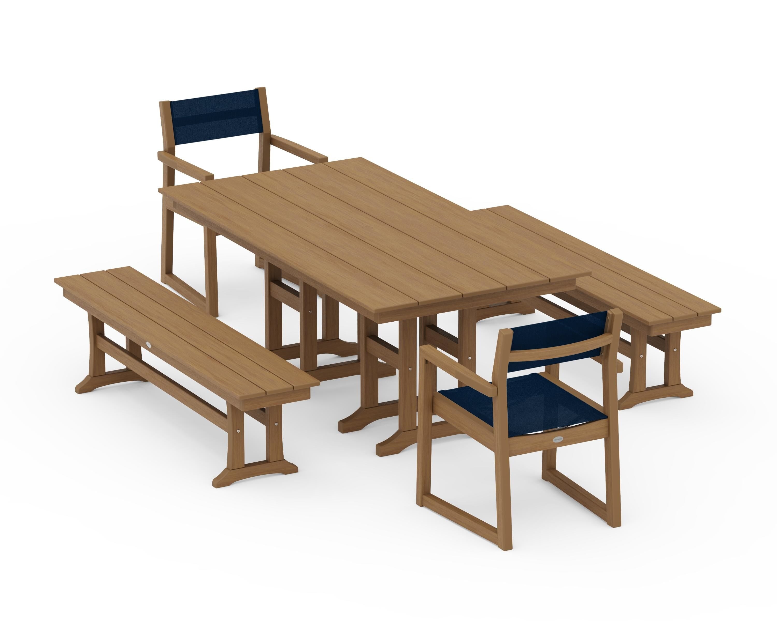 POLYWOOD EDGE Sling Arm Chair 5-Piece Farmhouse Dining Set with Benches in Natural / Navy Blue Sling