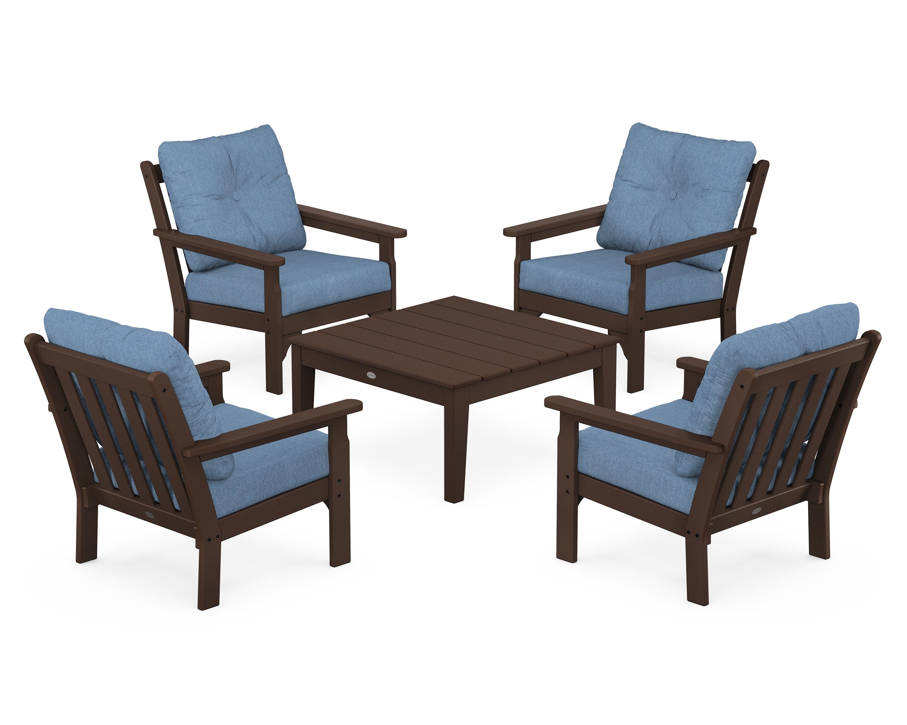 POLYWOOD Vineyard 5-Piece Deep Seating Conversation Set in Mahogany / Sky Blue