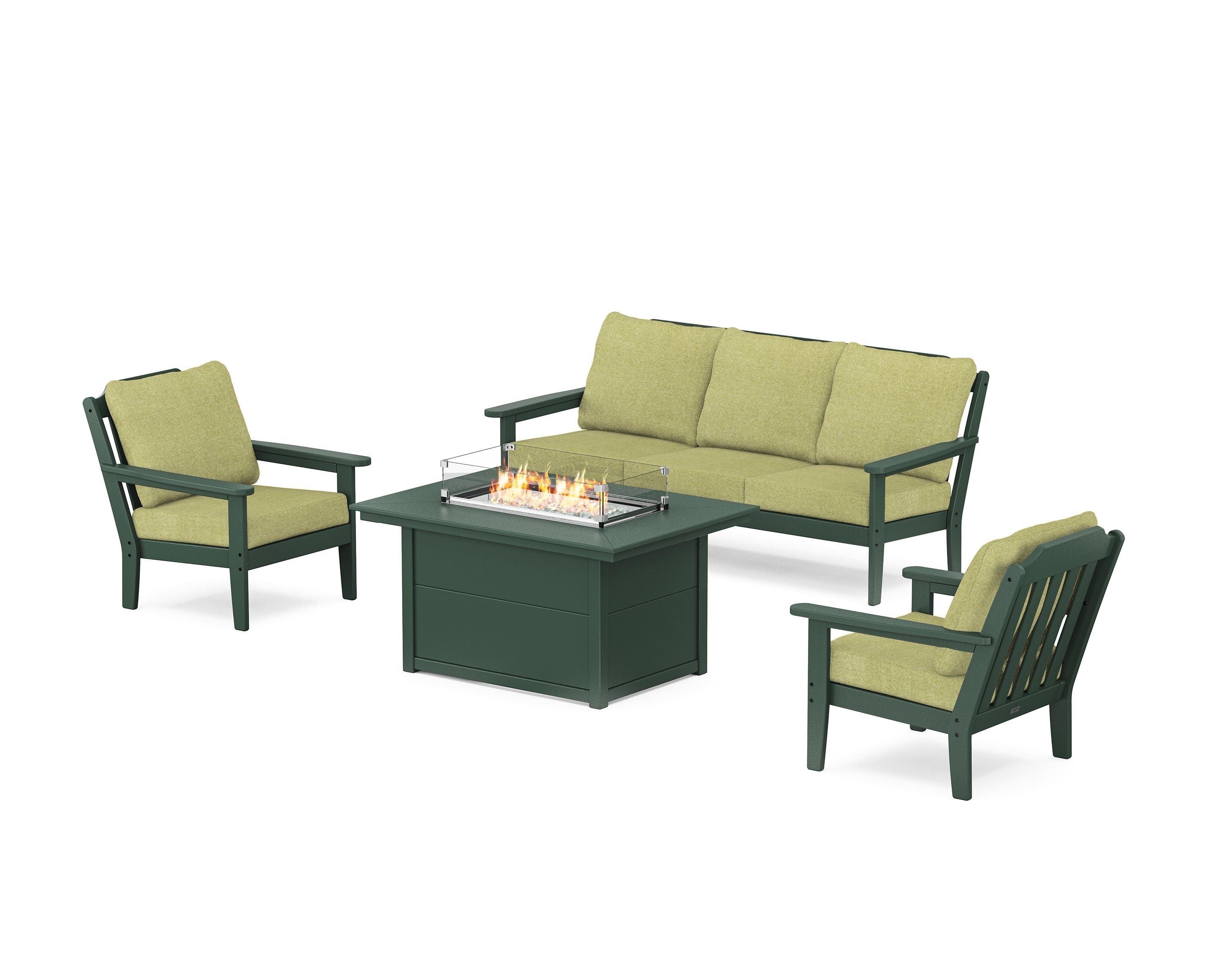 Country Living Cottage Deep Seating Fire Pit Table Set in Green / Chartreuse Boucle