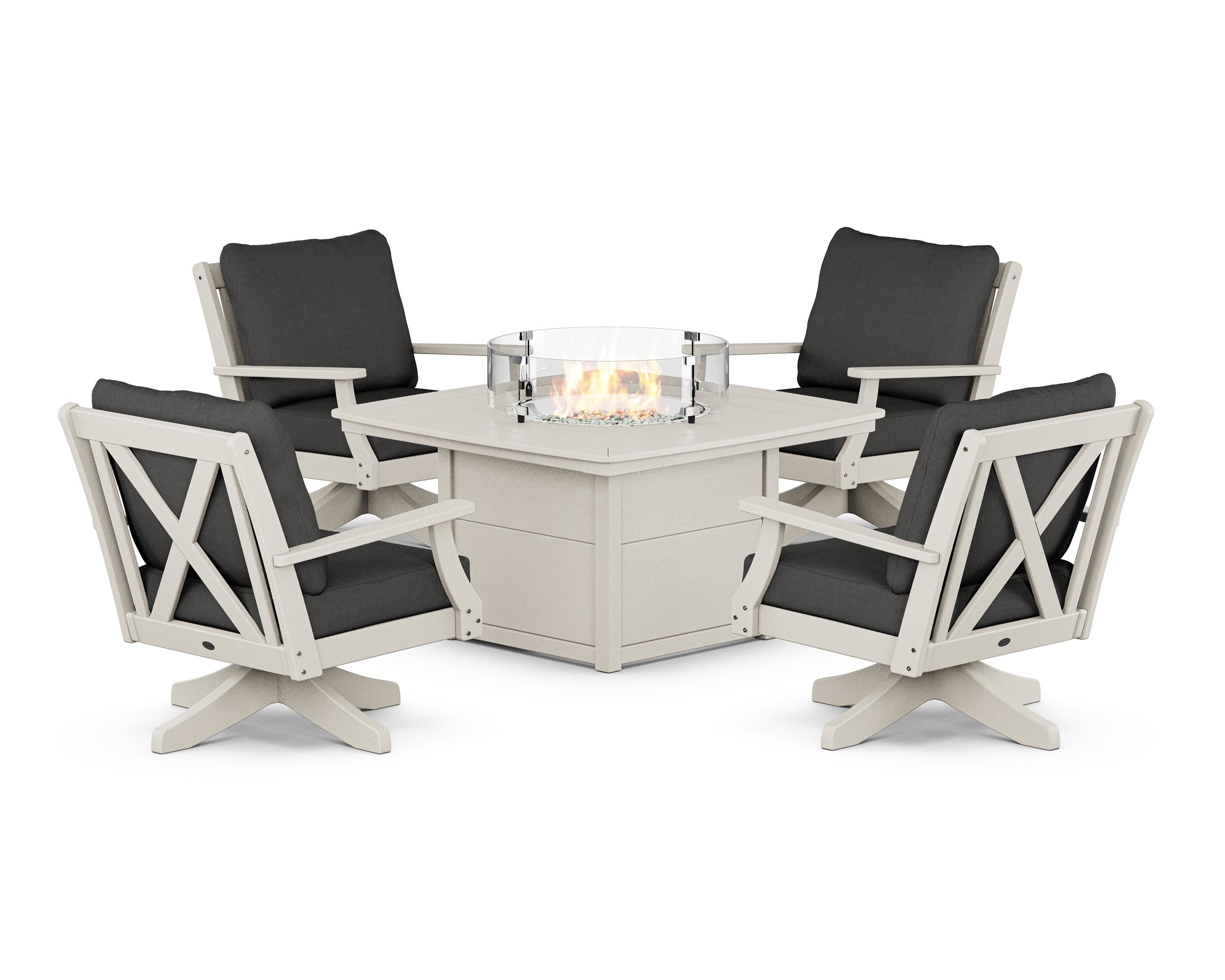 POLYWOOD Braxton 5-Piece Deep Seating Swivel Conversation Set with Fire Pit Table in Sand / Spectrum Carbon