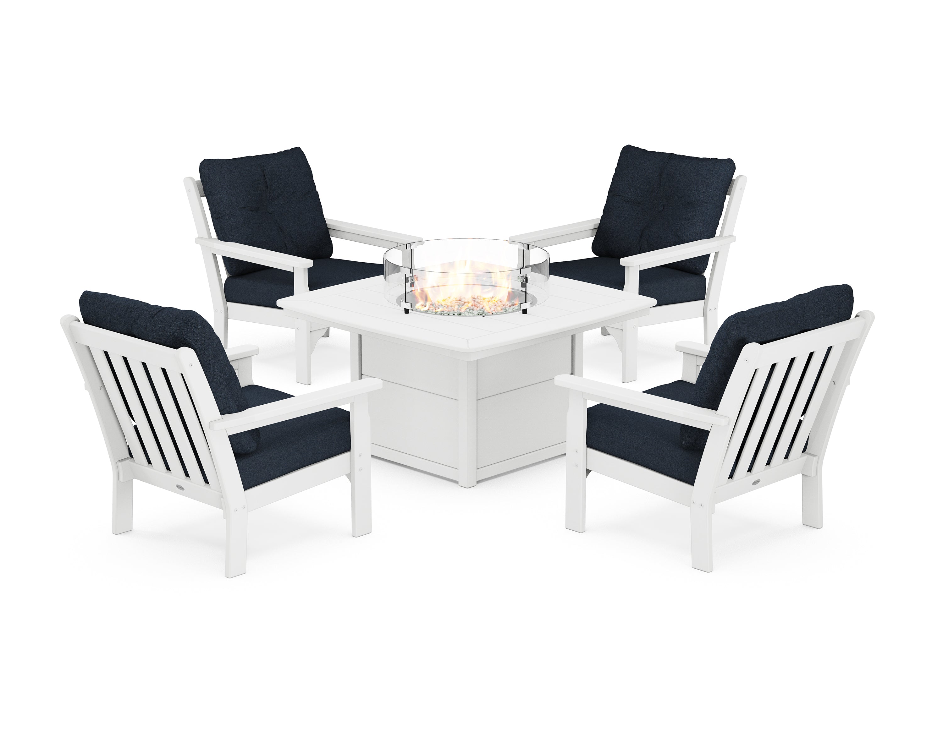 POLYWOOD Vineyard 5-Piece Conversation Set with Fire Pit Table in White / Marine Indigo