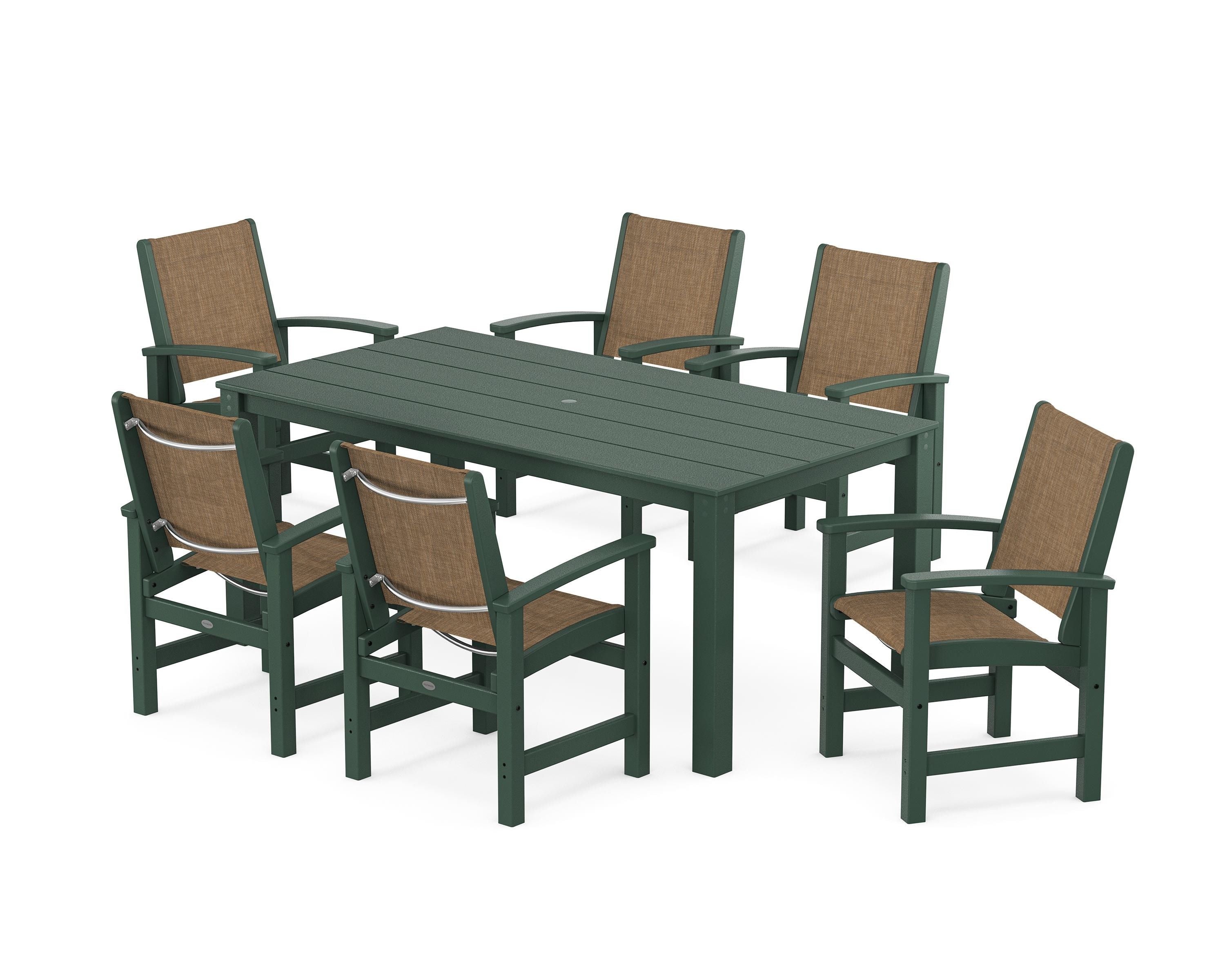 POLYWOOD Coastal 7-Piece Parsons Dining Set in Green / Burlap Sling
