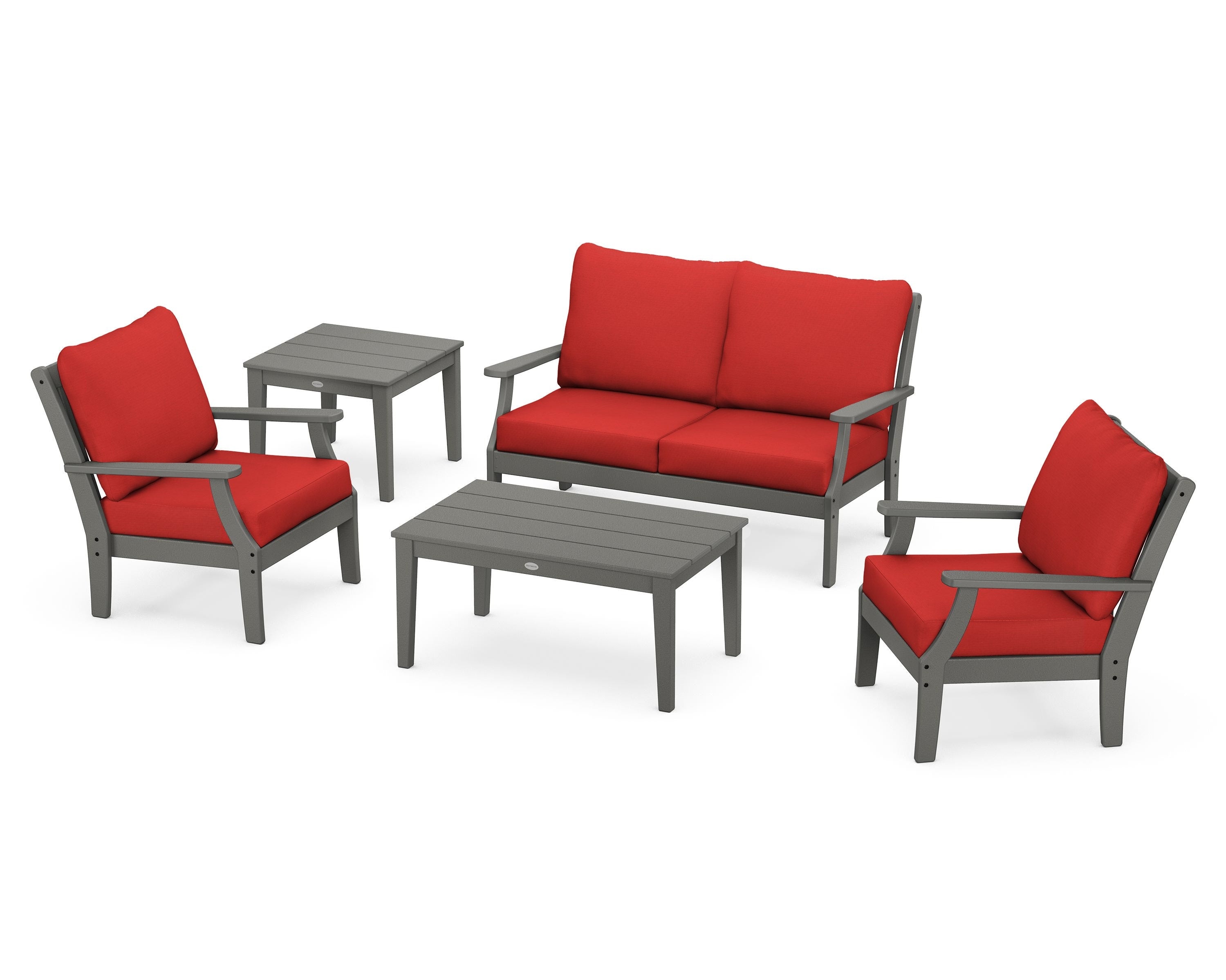 POLYWOOD Braxton 5-Piece Deep Seating Set in Slate Grey / Crimson Linen