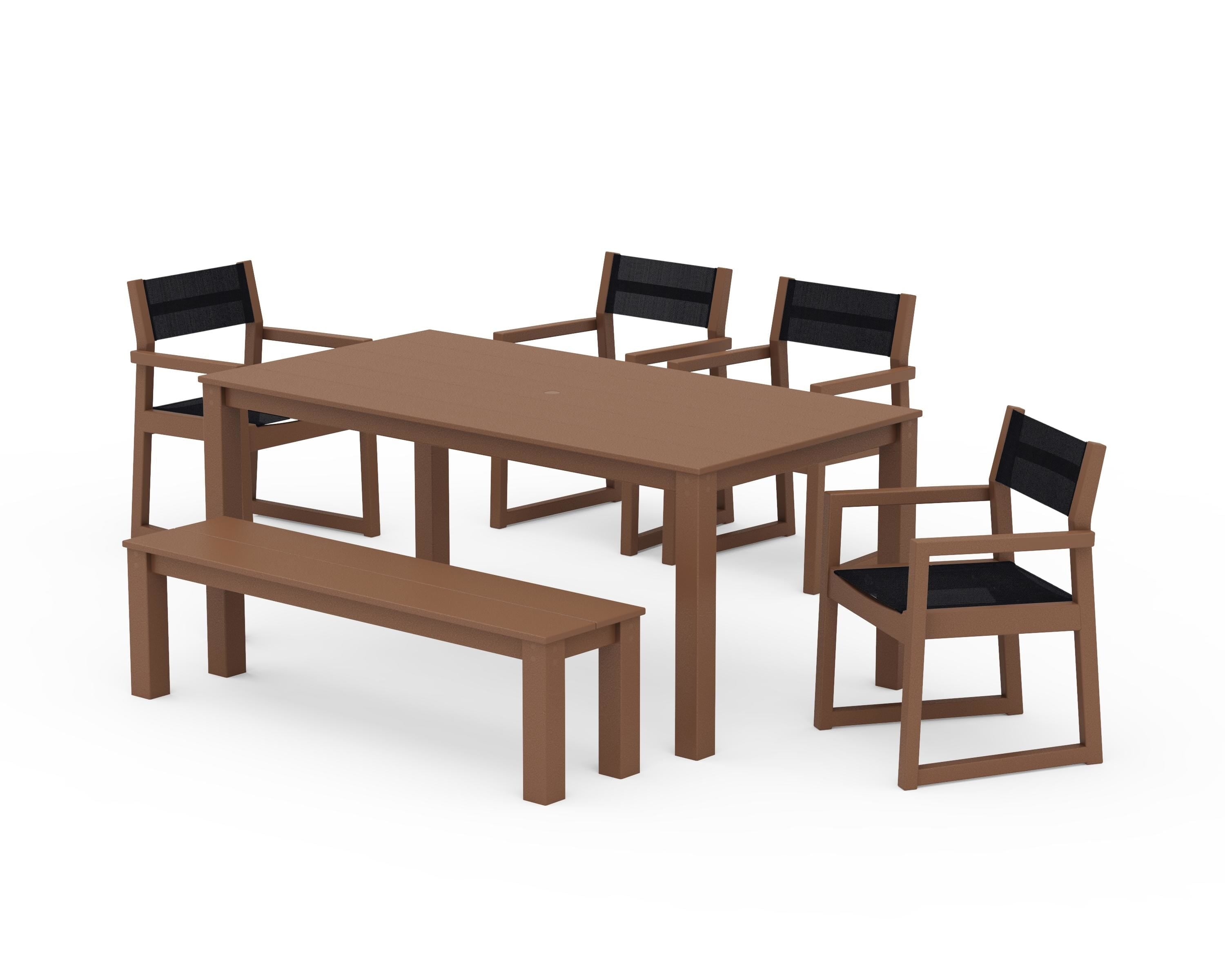 POLYWOOD EDGE Sling Arm Chair 6-Piece Parsons Dining Set with Bench in Teak / Black Sling