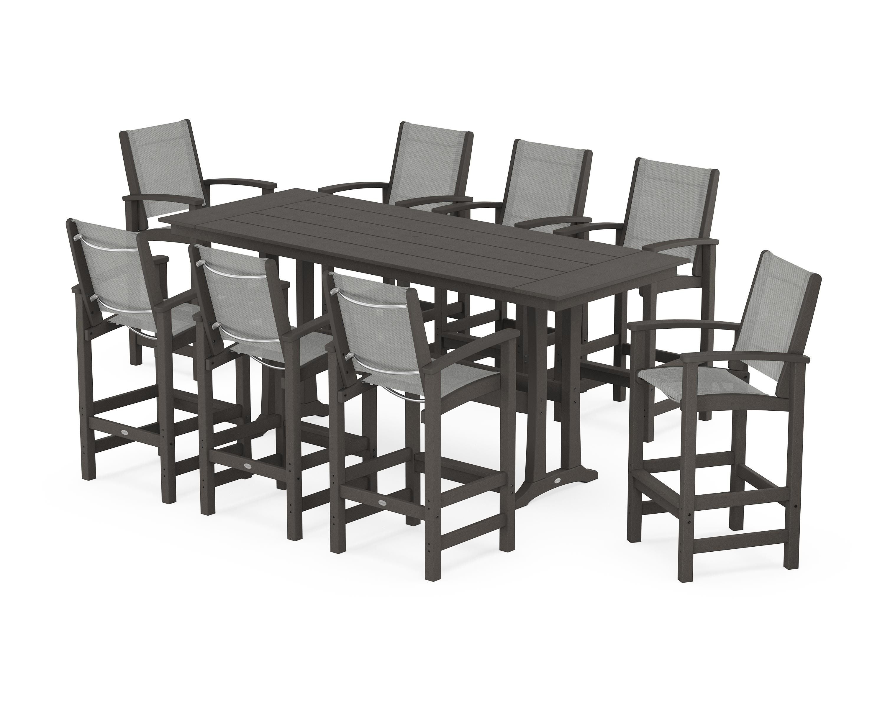 POLYWOOD Coastal 9-Piece Farmhouse Bar Set with Trestle Legs in Vintage Coffee / Metallic Sling