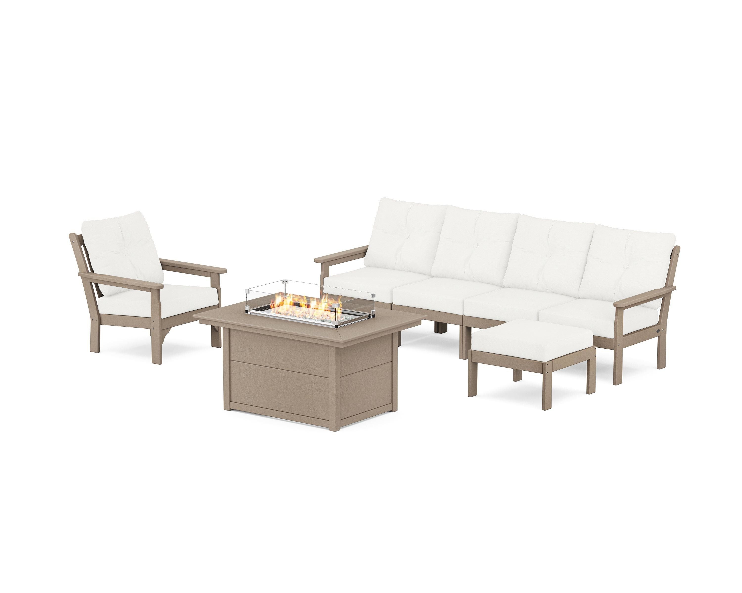 POLYWOOD Vineyard Sectional Lounge and Fire Pit Set in Vintage Sahara / Natural Linen