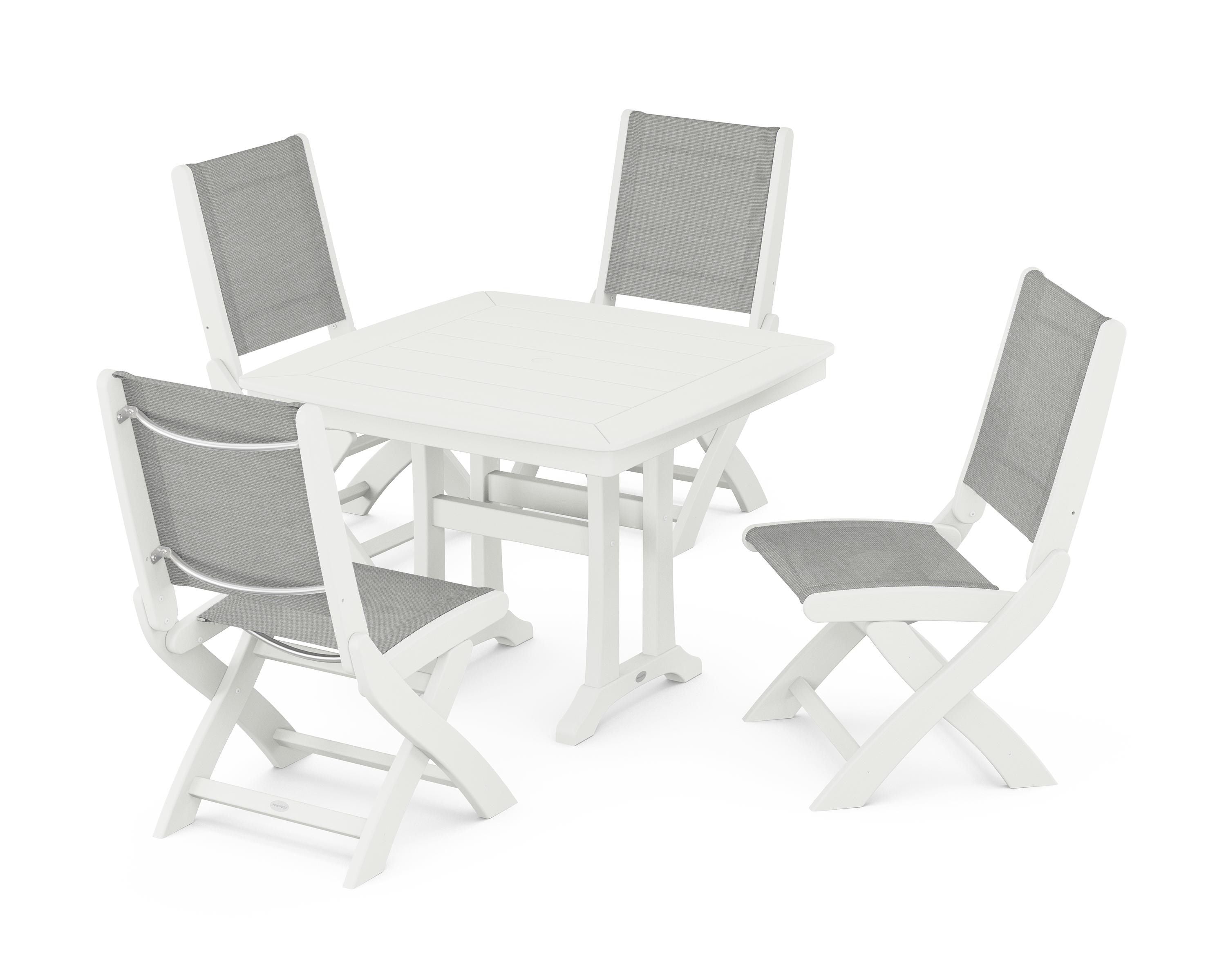 POLYWOOD Coastal Folding Side Chair 5-Piece Dining Set with Trestle Legs in Vintage White / Metallic Sling