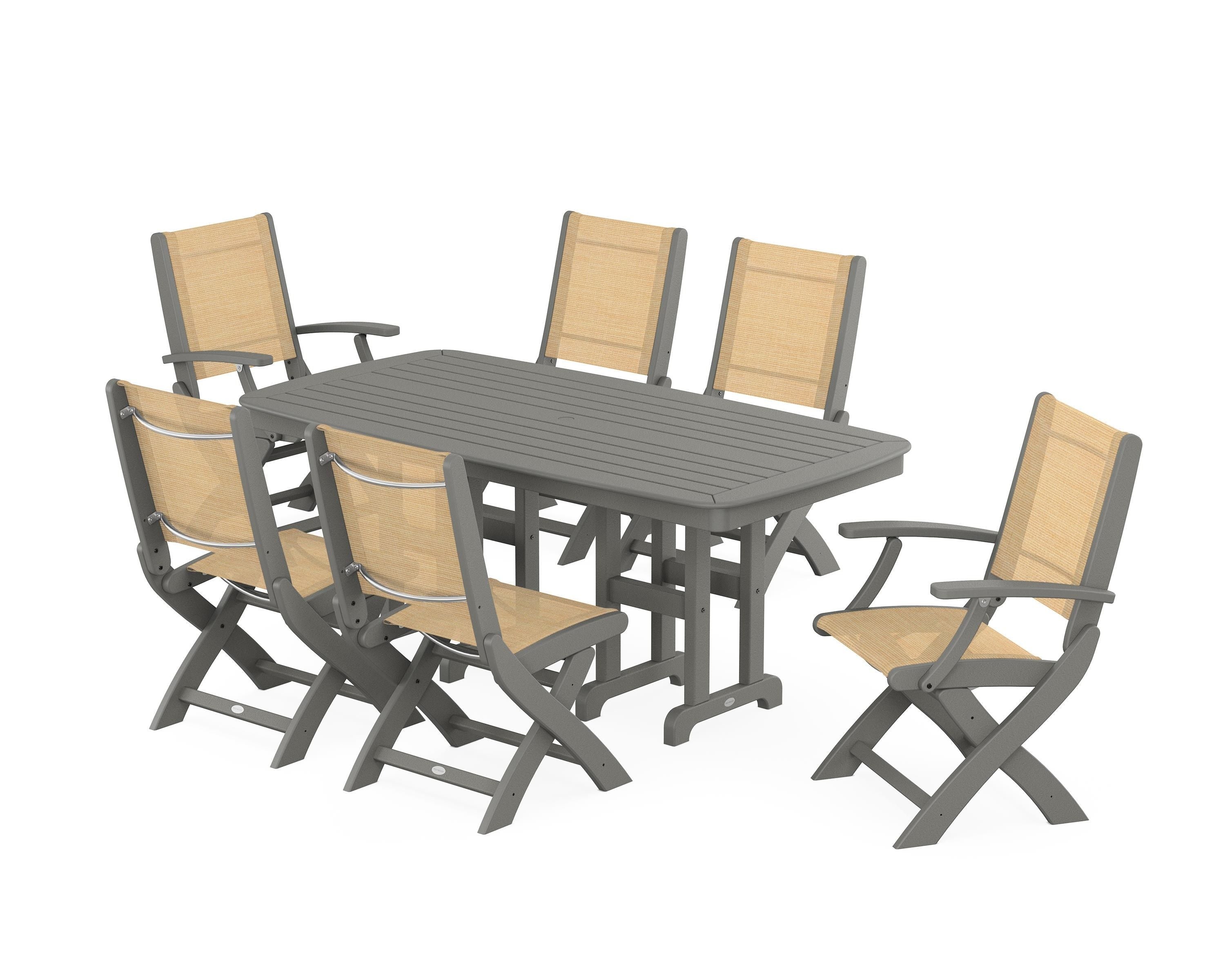 POLYWOOD Coastal Folding Chair 7-Piece Dining Set in Slate Grey / Dupioni Apricot Sling