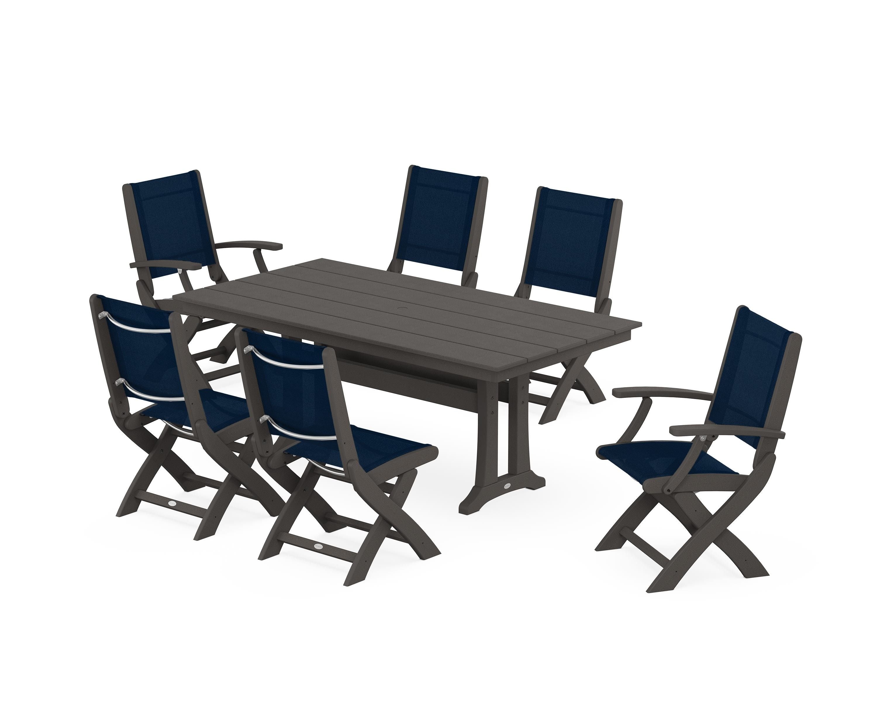 POLYWOOD Coastal Folding Chair 7-Piece Farmhouse Dining Set with Trestle Legs in Vintage Coffee / Navy Blue Sling