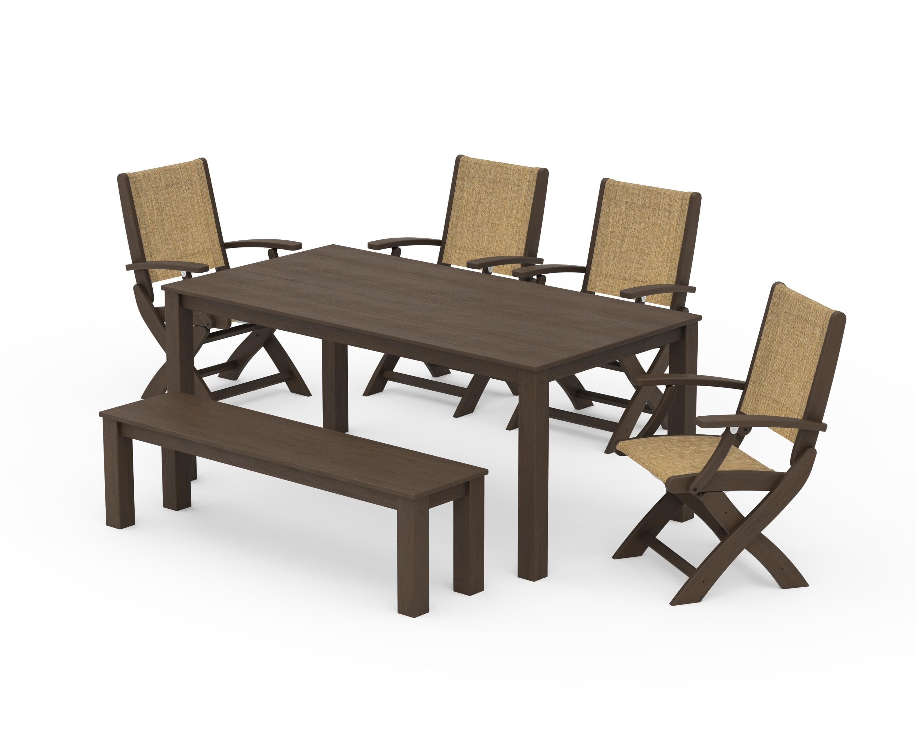 POLYWOOD Coastal Folding Chair 6-Piece Parsons Dining Set with Bench in Kona / Burlap Sling