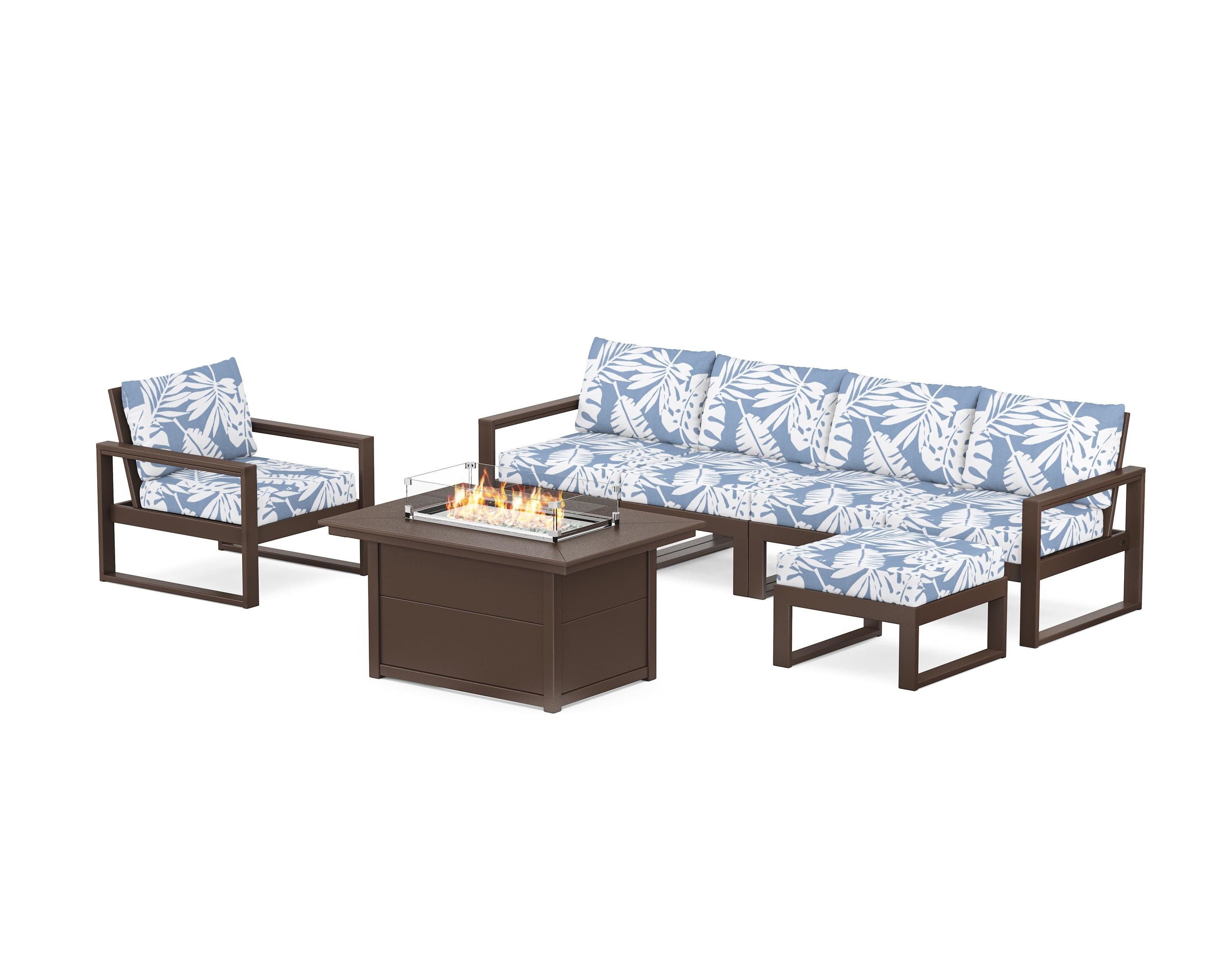 POLYWOOD EDGE Sectional Lounge and Fire Pit Set in Mahogany / Leaf Sky Blue