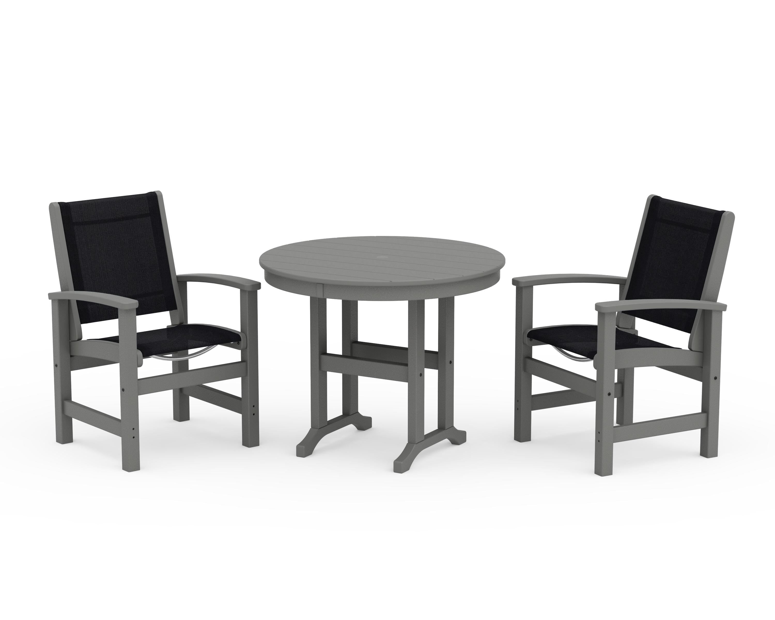 POLYWOOD Coastal 3-Piece Round Dining Set in Slate Grey / Black Sling