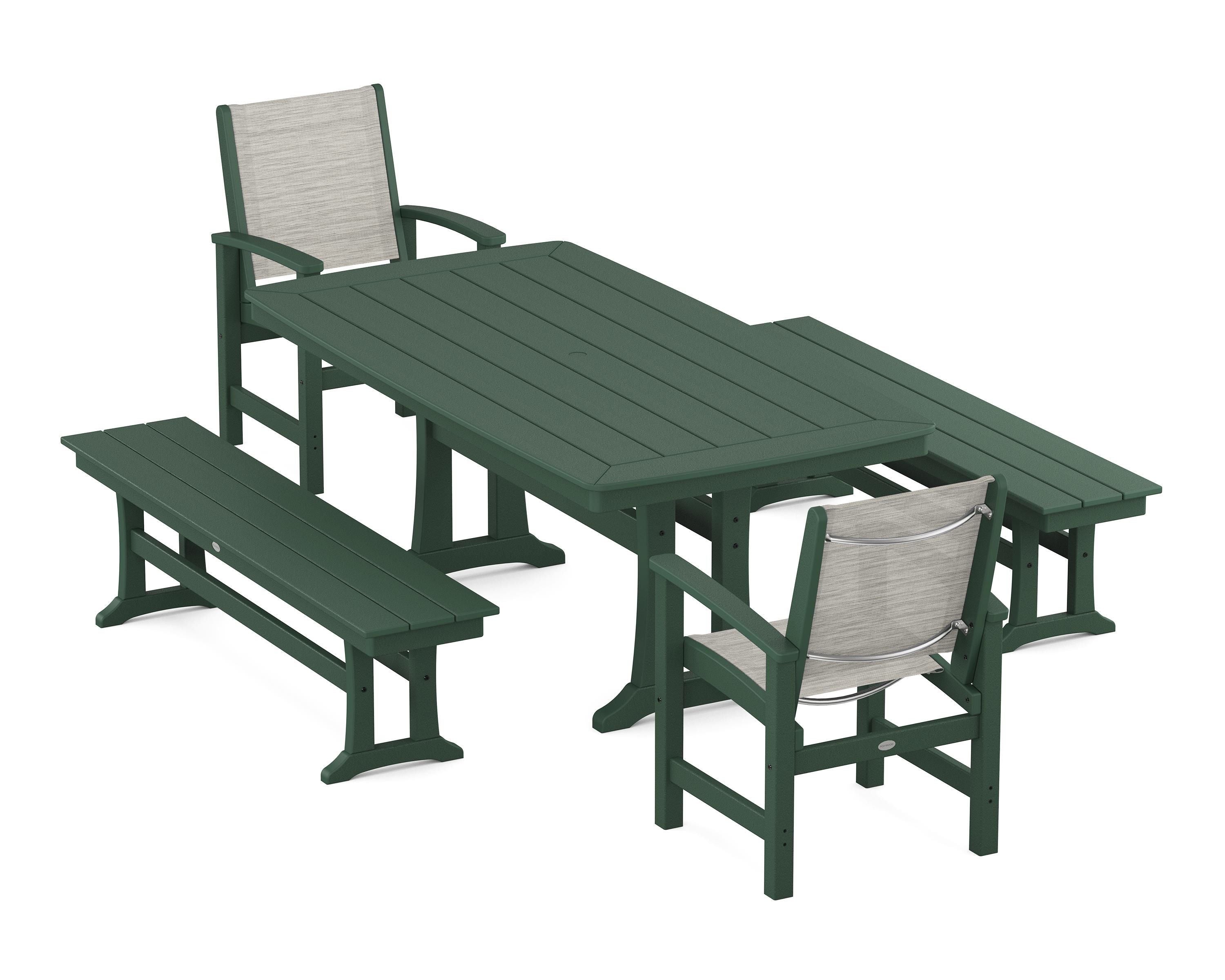 POLYWOOD Coastal 5-Piece Dining Set with Trestle Legs and Benches in Green / Birch Sling