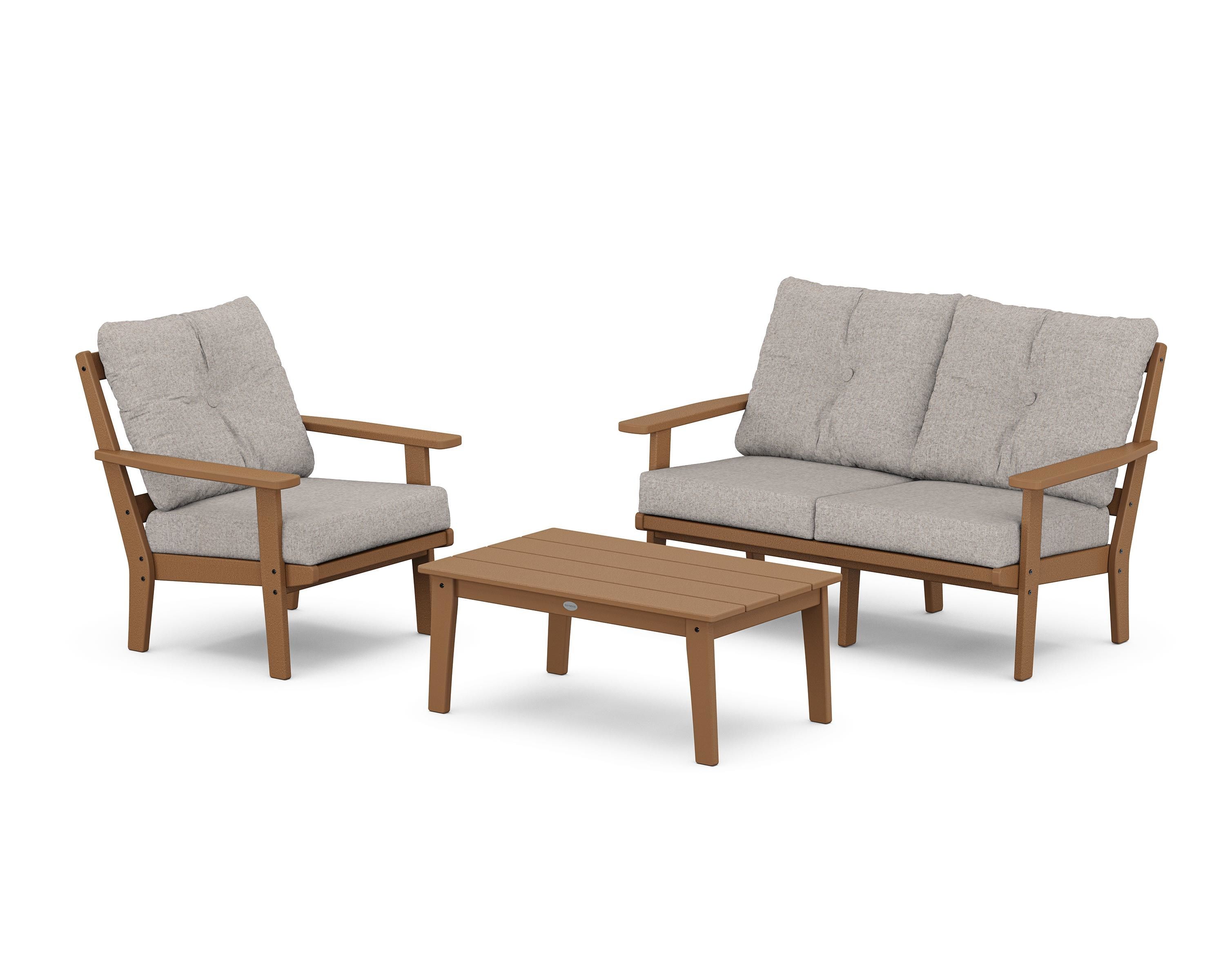 POLYWOOD Oxford 3-Piece Deep Seating Set with Loveseat in Teak / Weathered Tweed