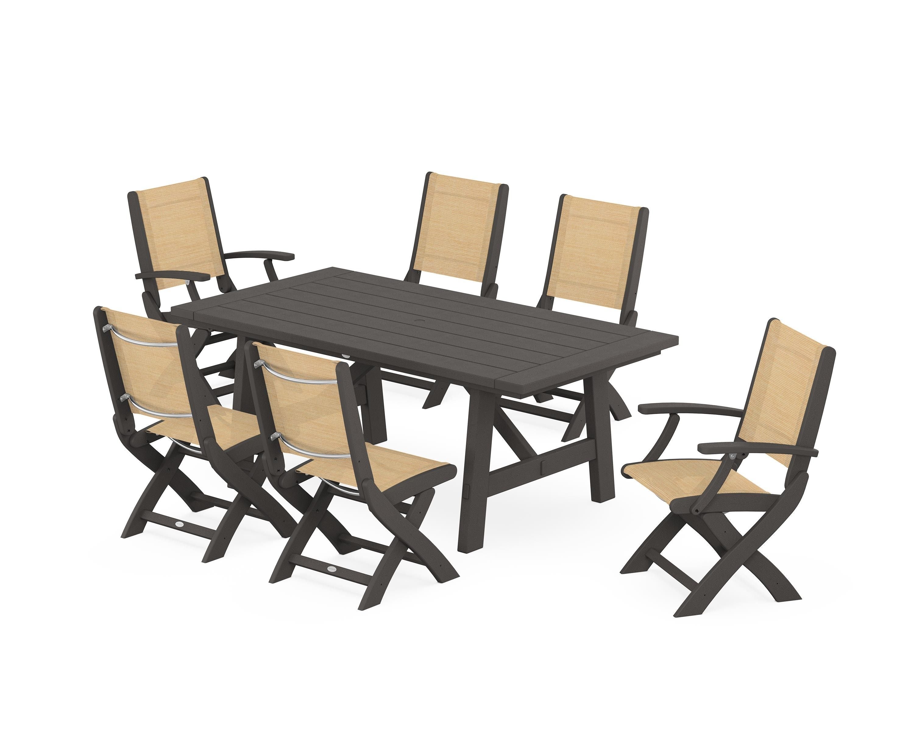 POLYWOOD Coastal Folding Chair 7-Piece Rustic Farmhouse Dining Set in Vintage Coffee / Dupioni Apricot Sling