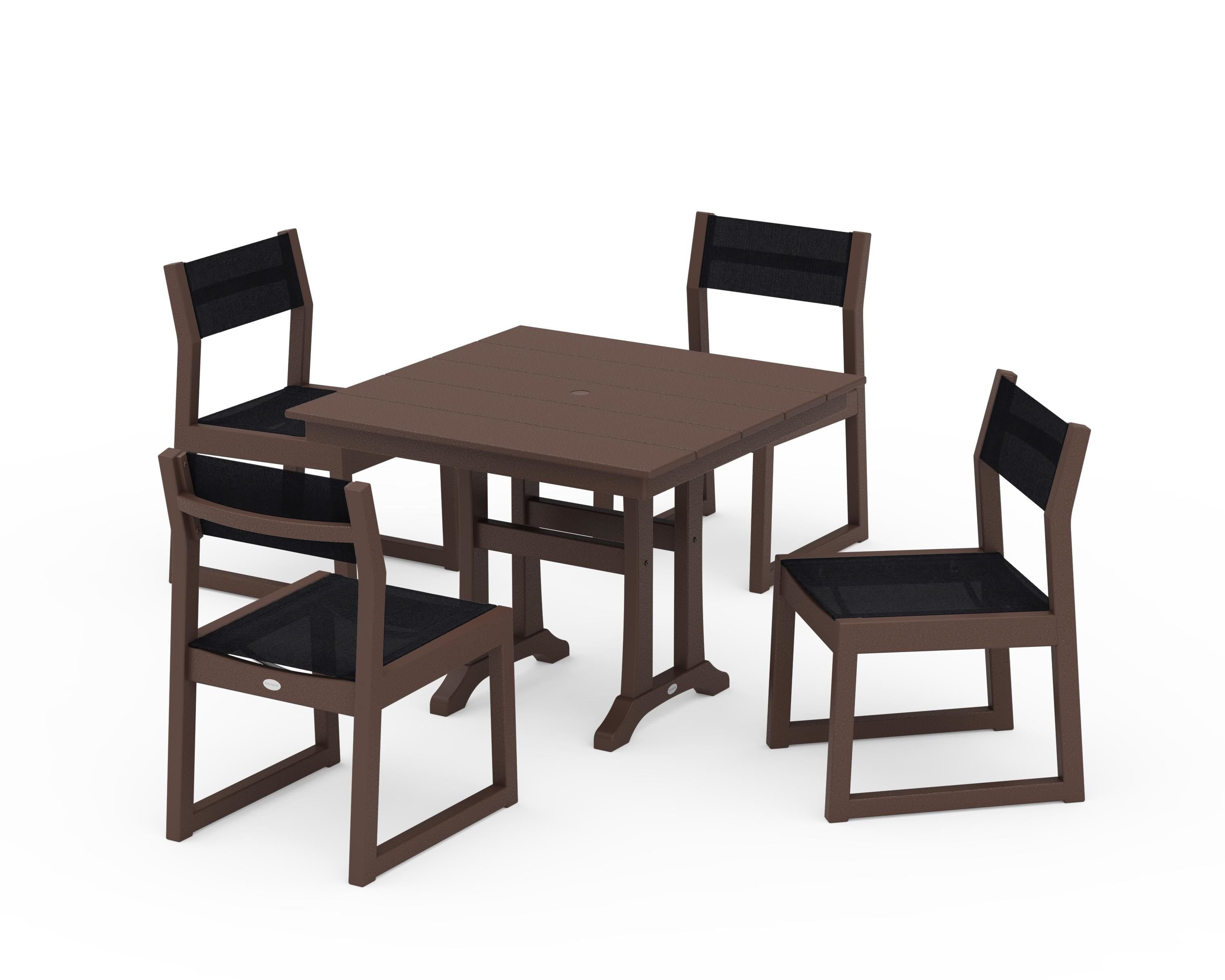 POLYWOOD EDGE Sling 5-Piece Farmhouse Trestle Side Chair Dining Set in Mahogany / Black Sling
