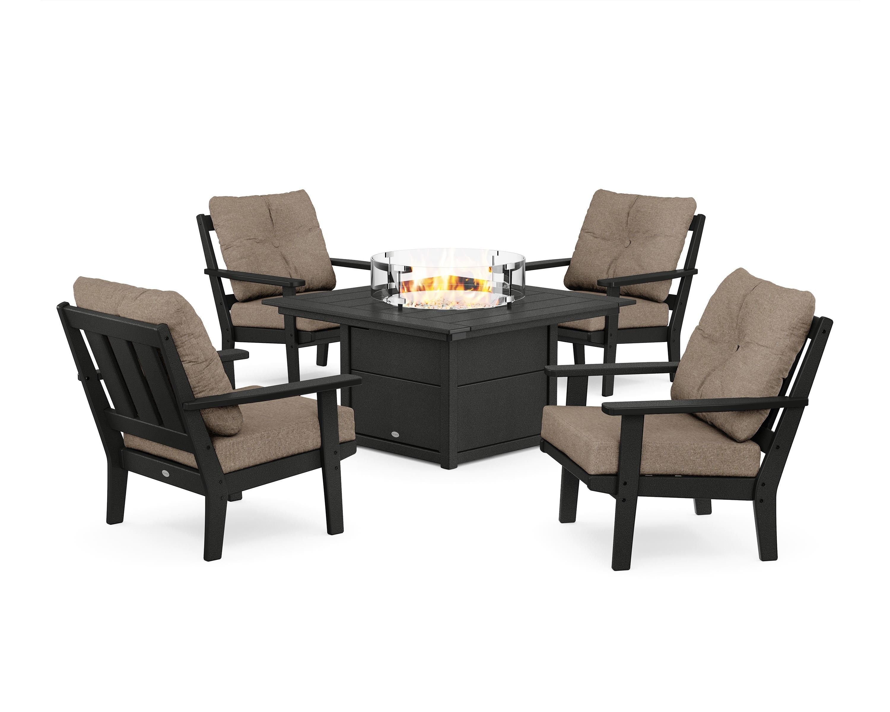 POLYWOOD Oxford 5-Piece Deep Seating Set with Fire Pit Table in Black / Spiced Burlap