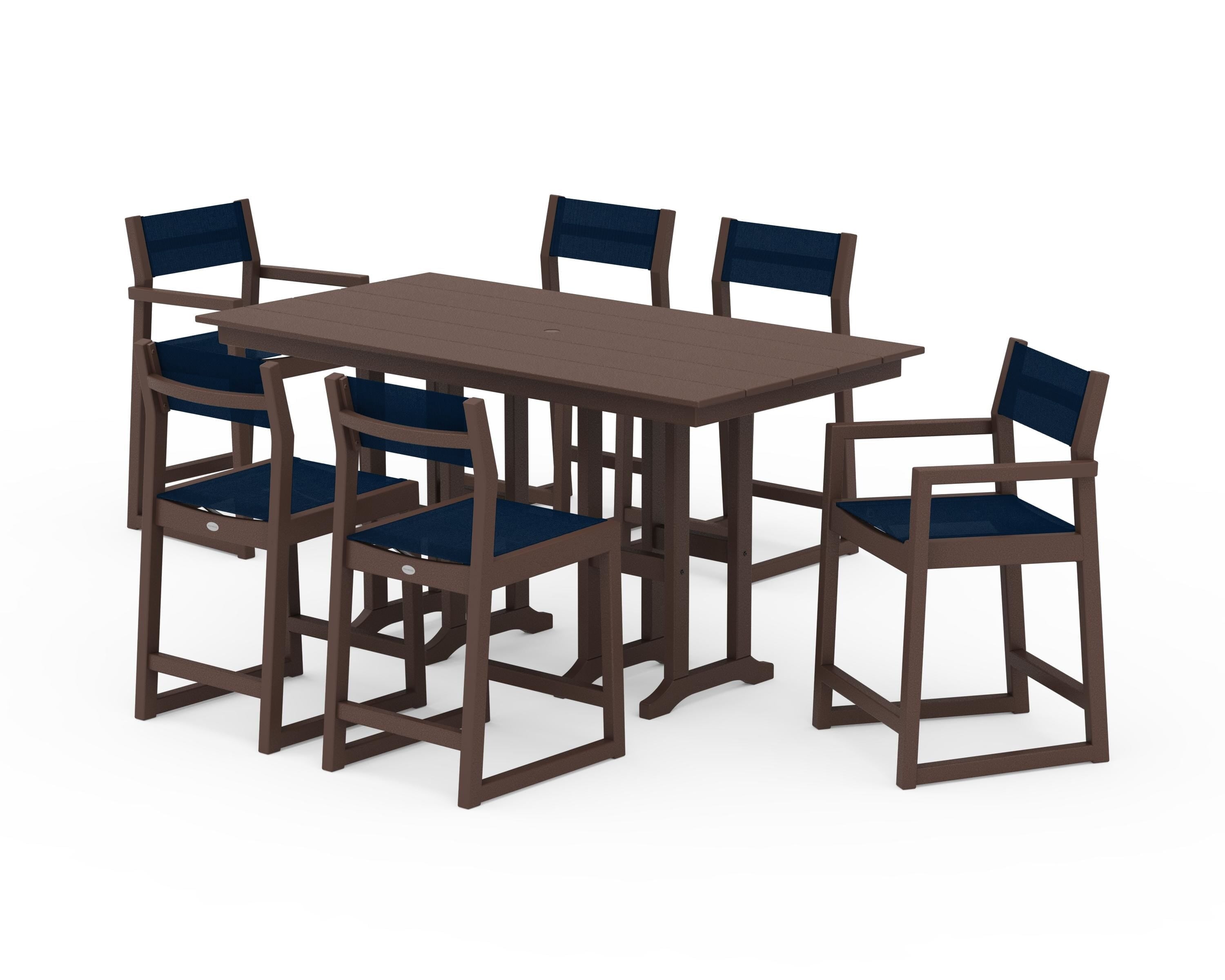 POLYWOOD EDGE Sling 7-Piece Farmhouse Counter Set in Mahogany / Navy Blue Sling